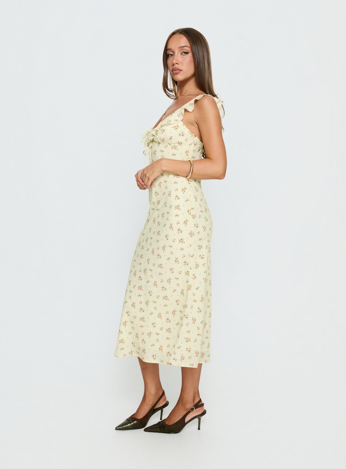Leabelle Frill V Neck Maxi Dress Yellow Floral - Image 3