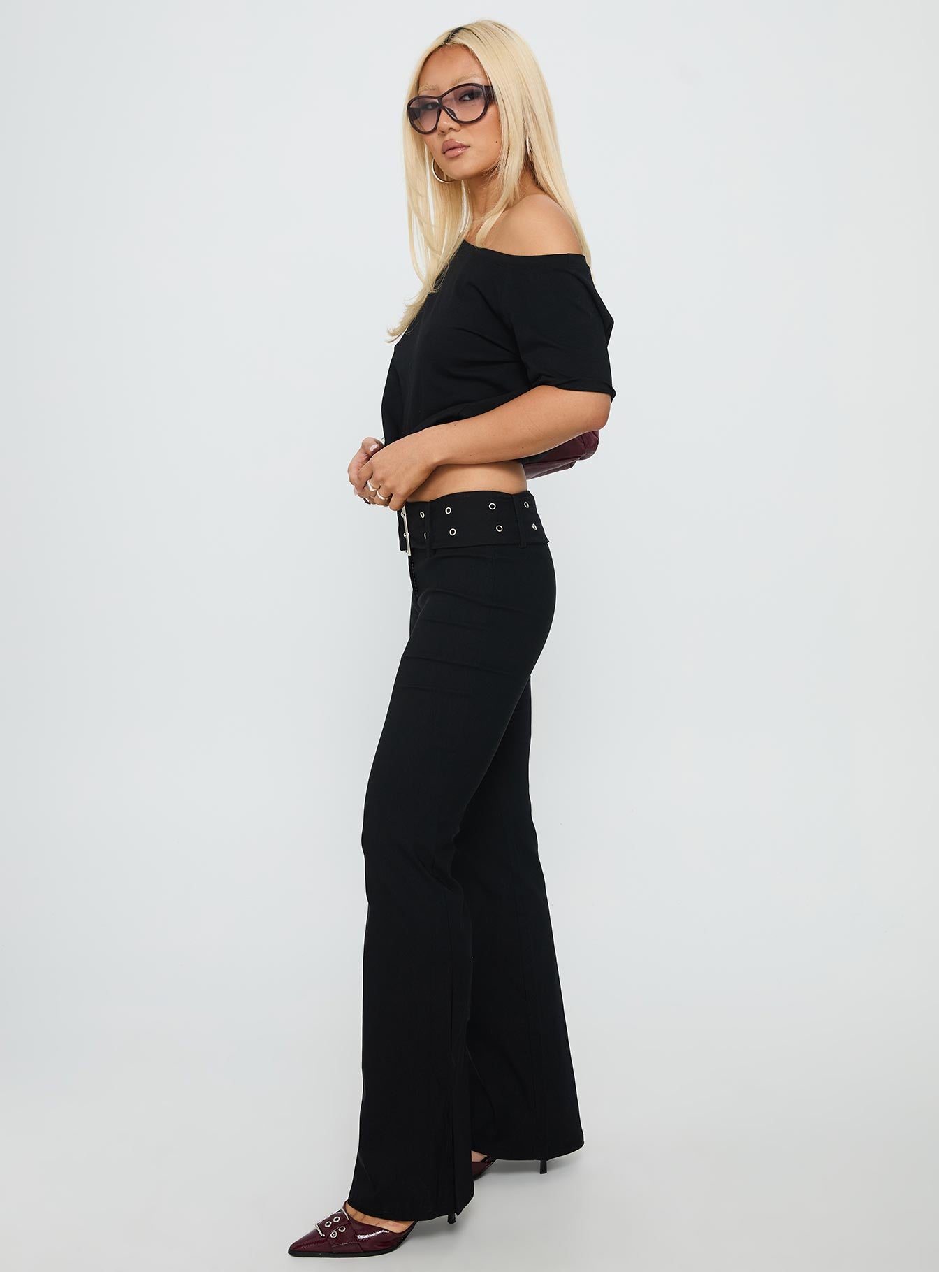 Kortnee Eyelet Detail Flare Leg Pants Black - Image 4