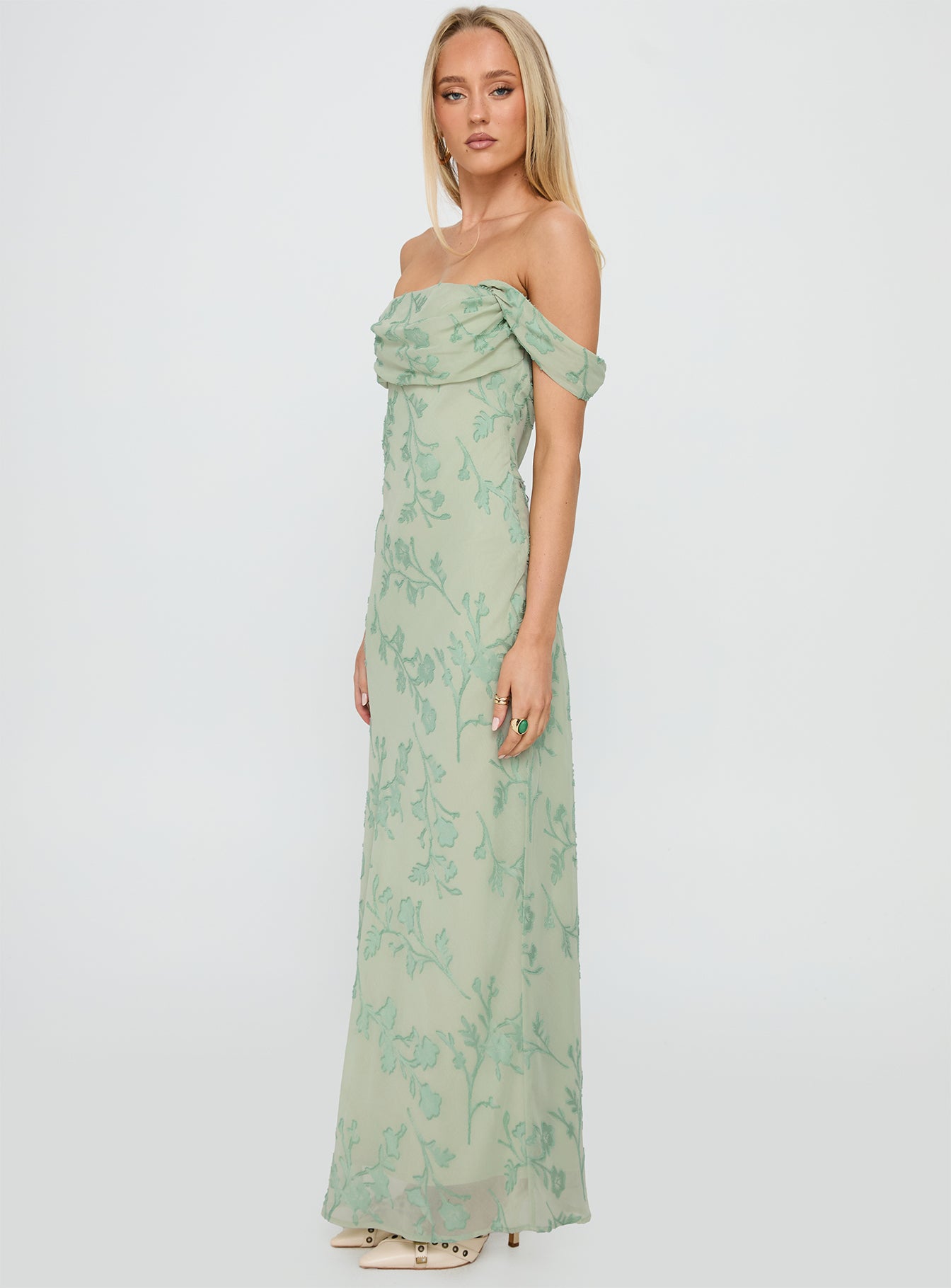Azura Off The Shoulder Maxi Dress Green Burnout - Image 4