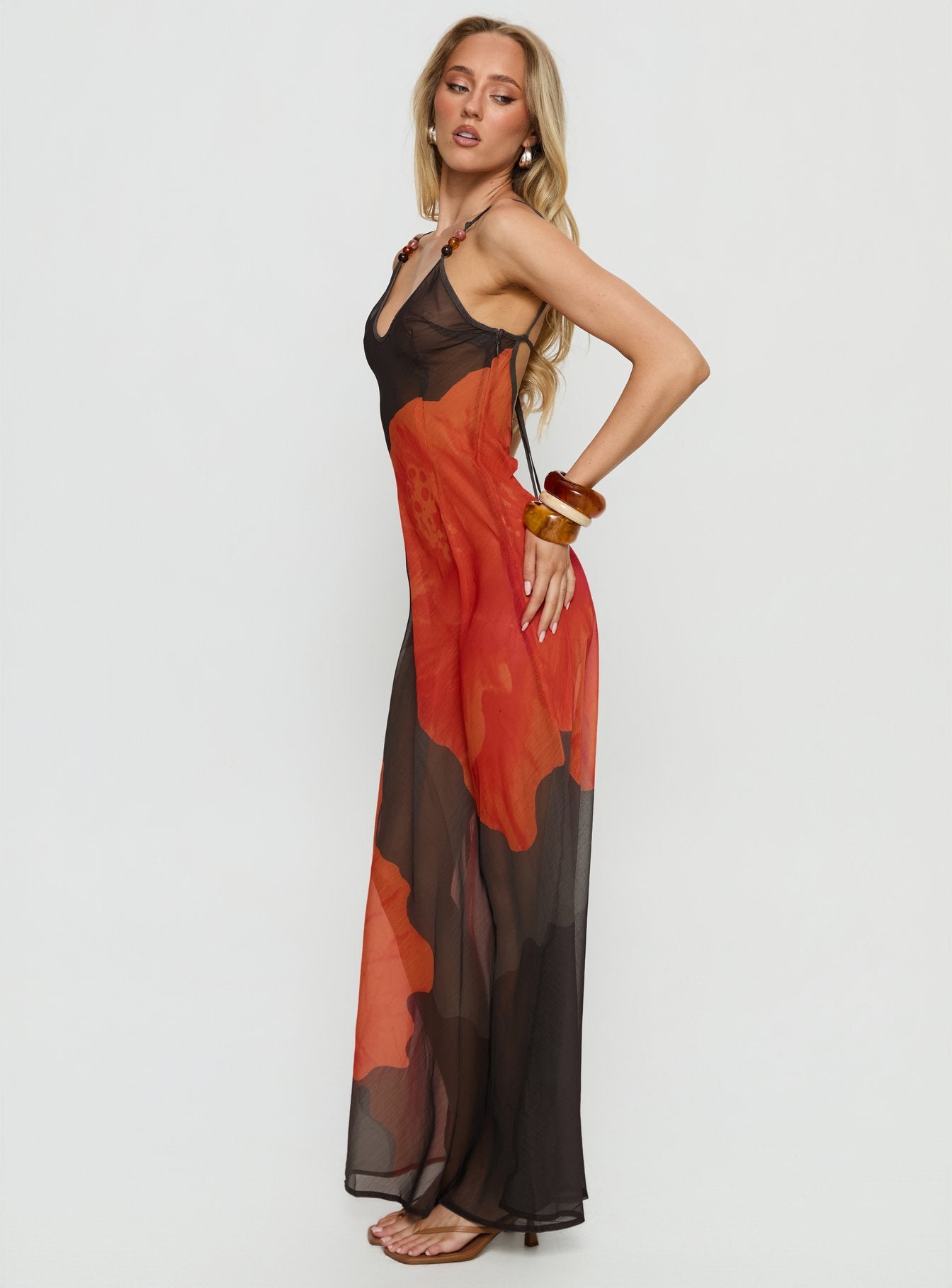 Carita Sheer Chiffon Maxi Dress Brown / Orange Floral - Image 4