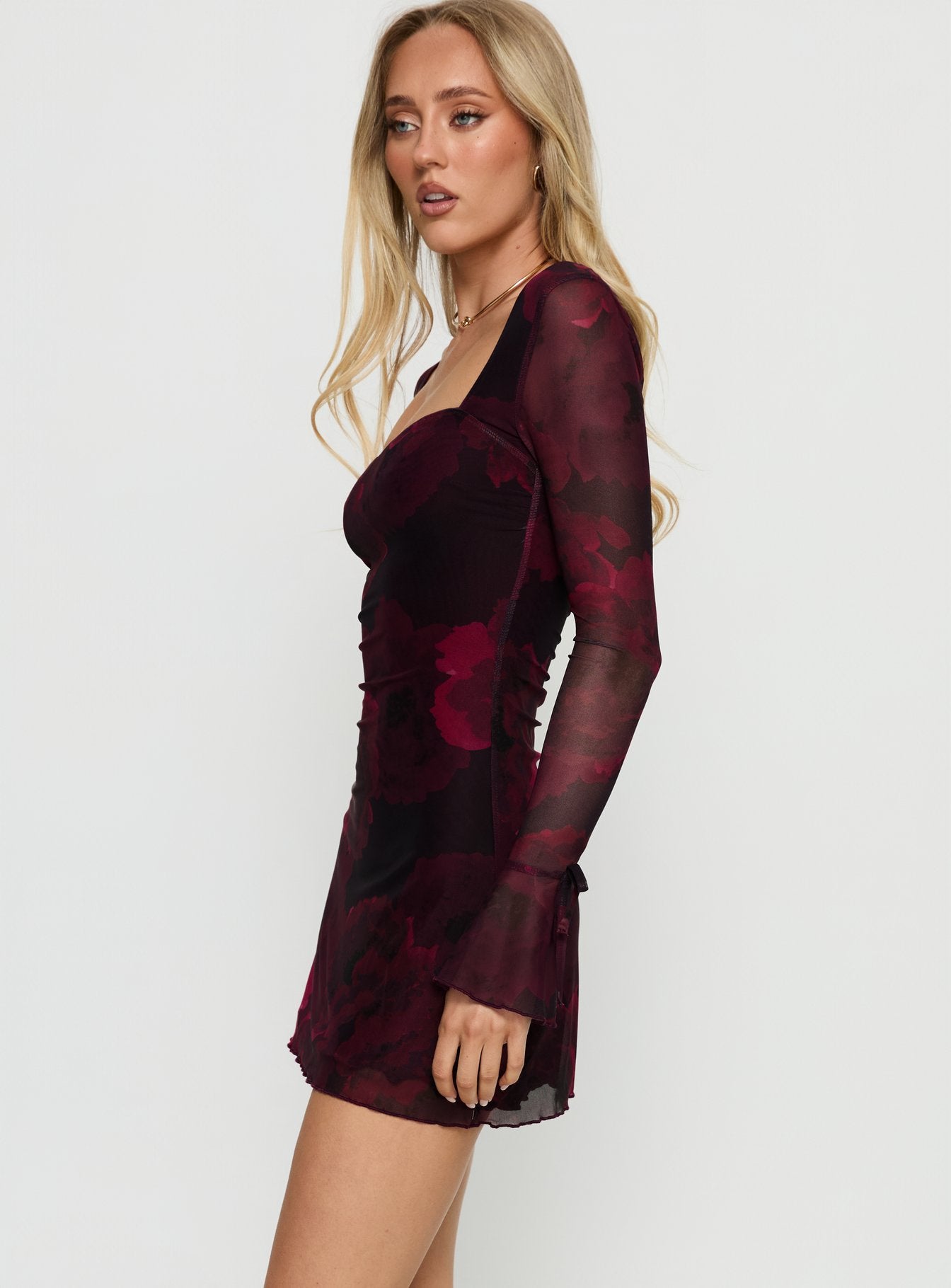Dalzine Long Sleeve Mini Dress Burgundy Floral - Image 3
