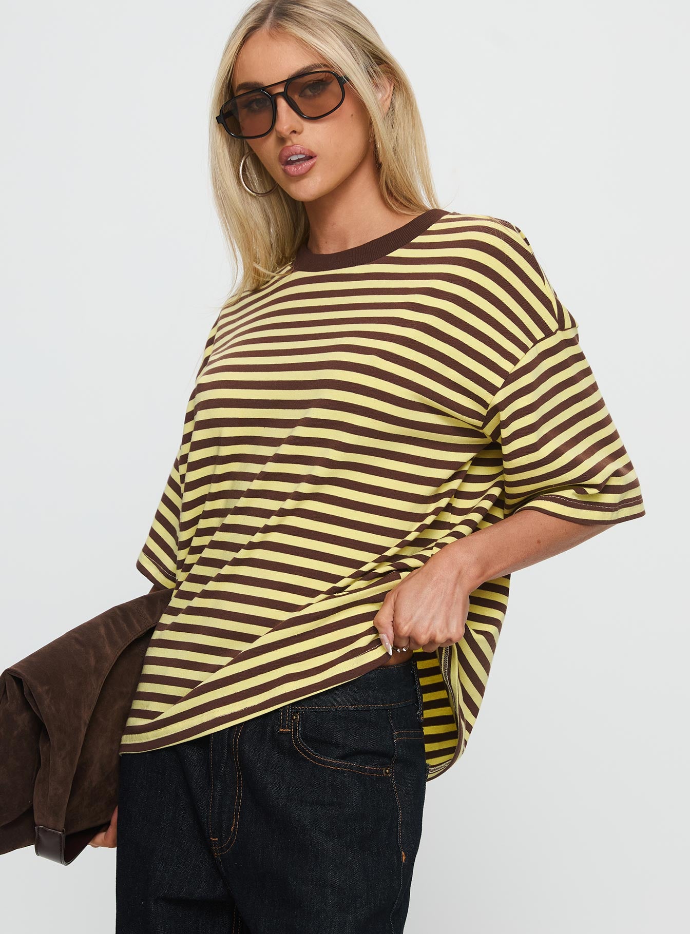 Settle Down Short Sleeve Top Yellow / Brown Stripe - Image 4