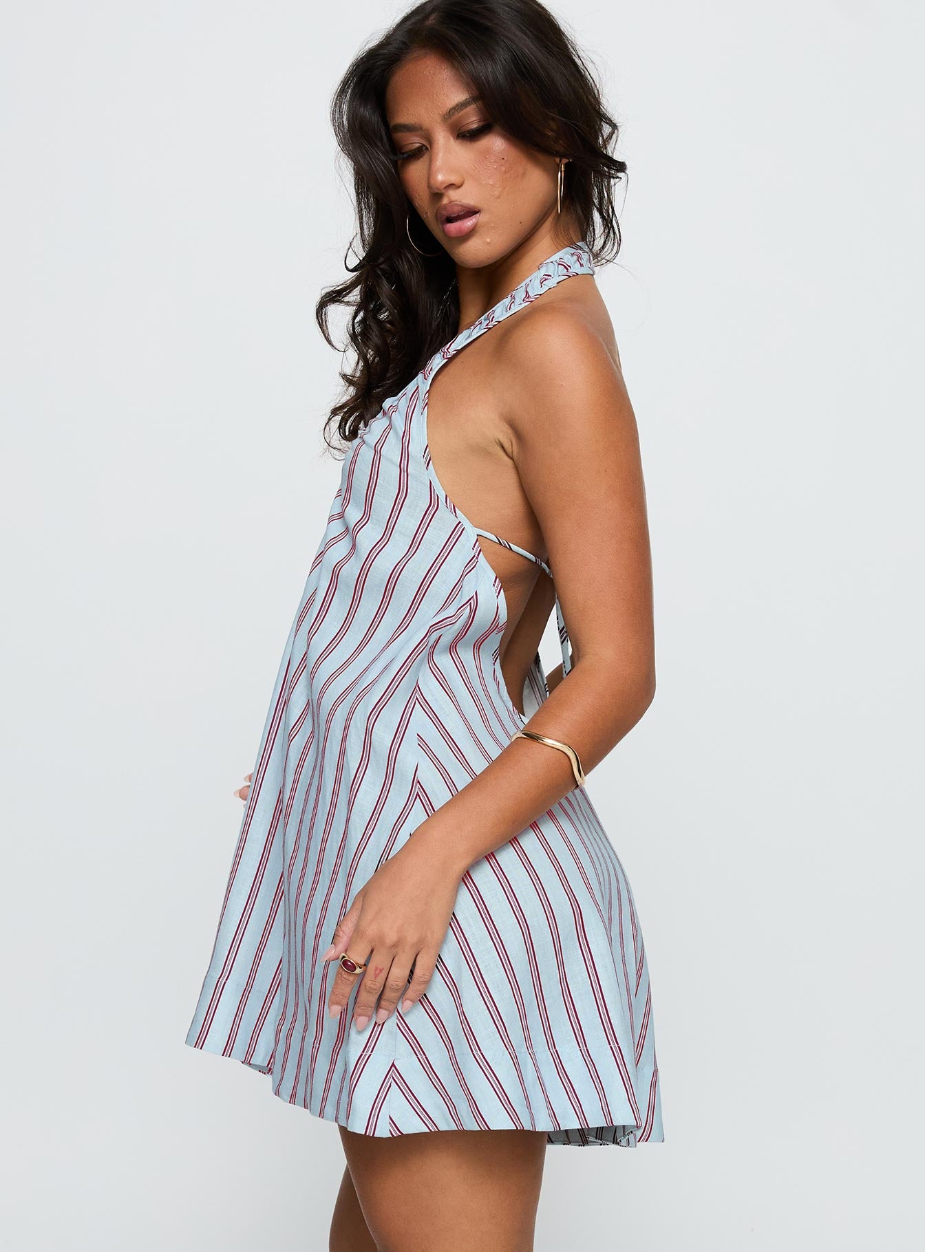 Daydreams Linen Blend Halter Mini Dress Blue / Maroon Stripe - Image 4