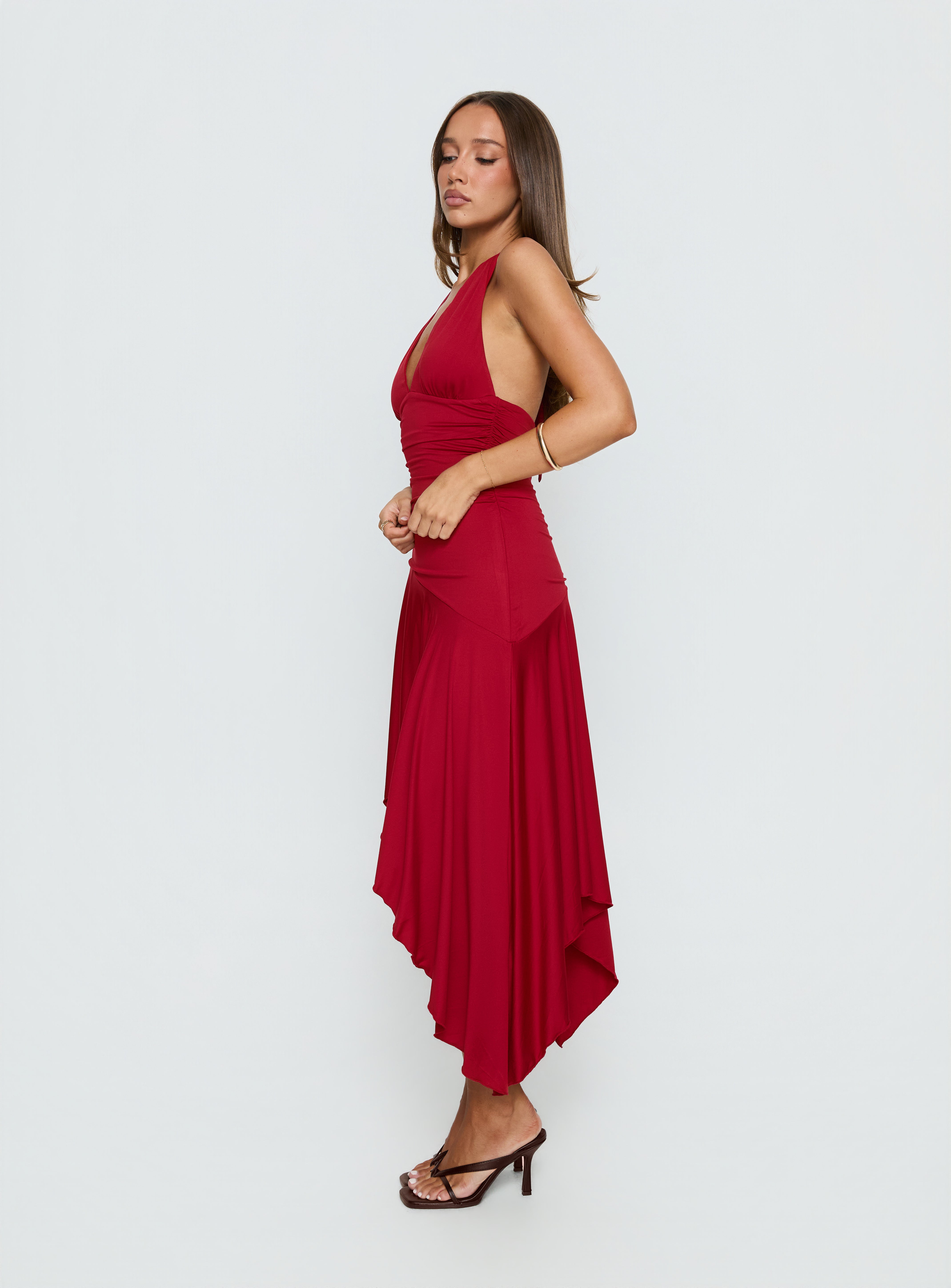 Emara Halter Asymmetrical Midi Dress Red - Image 4