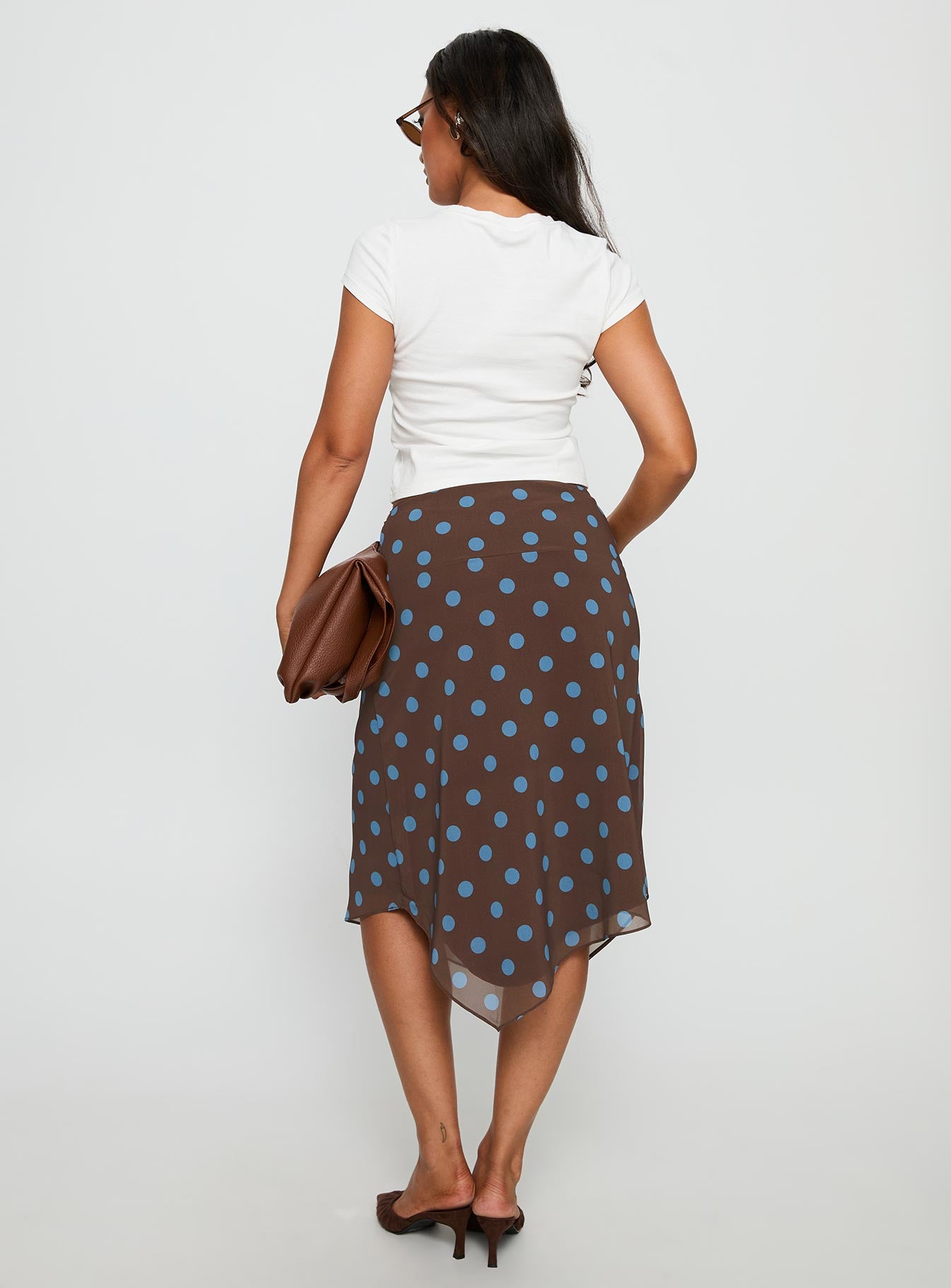 Daphene Asymmetrical Midi Skirt Brown / Blue Polka Dot - Image 5