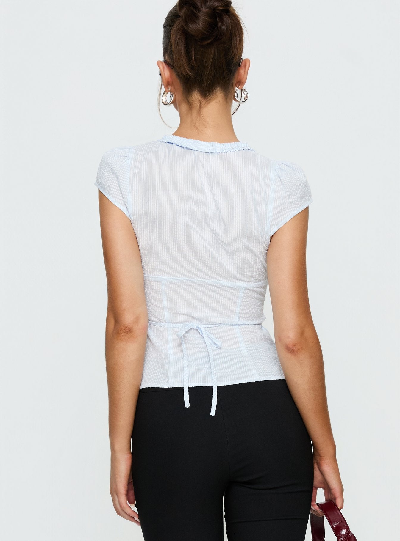 Kalysa Ruffle Short Sleeve Blouse Top Blue Stripe - Image 5