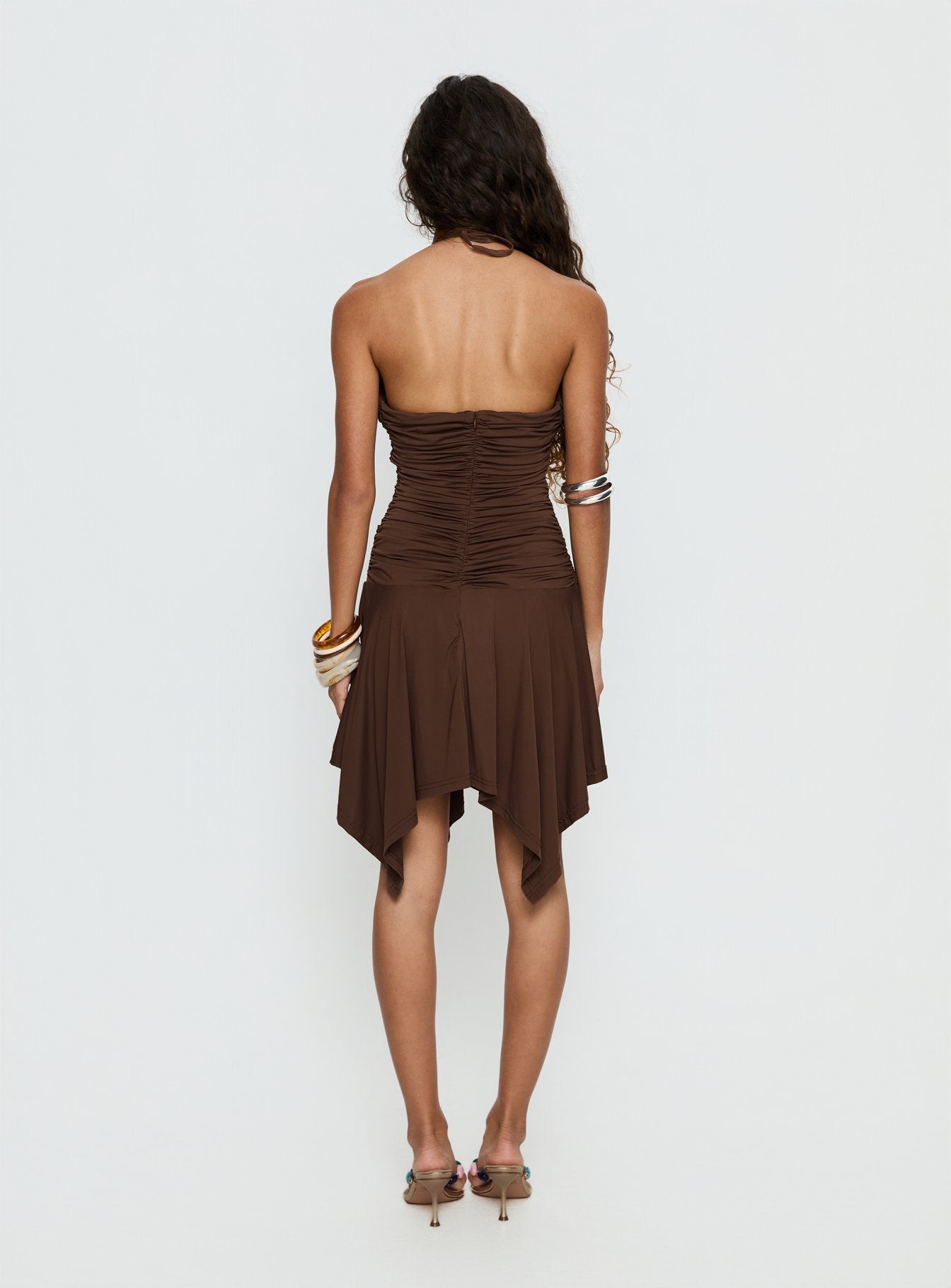Angiana Halter Asymmetrical Mini Dress Chocolate Brown - Image 5