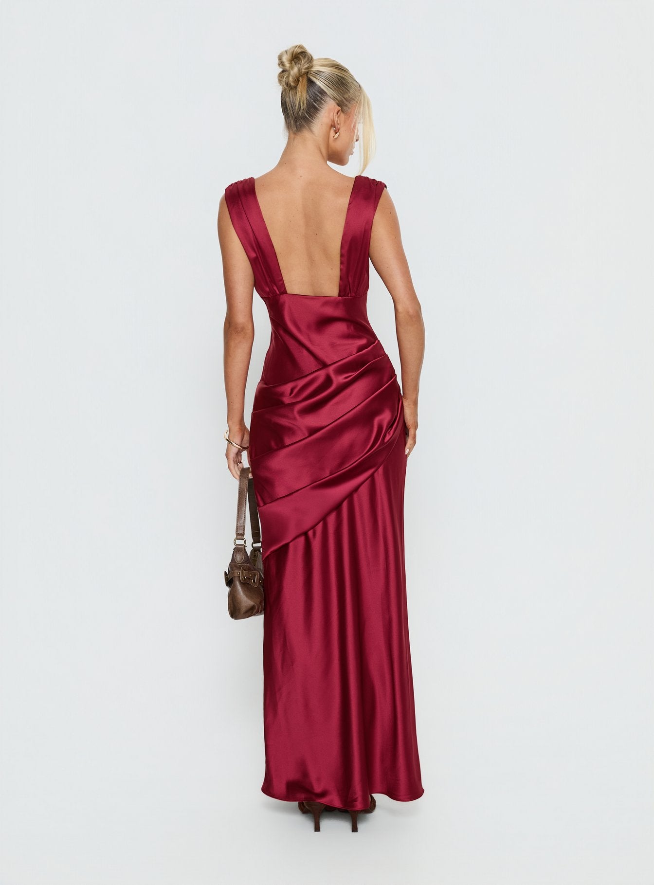 False Alarm Plunge Asymmetrical Pleat Maxi Dress Red - Image 5