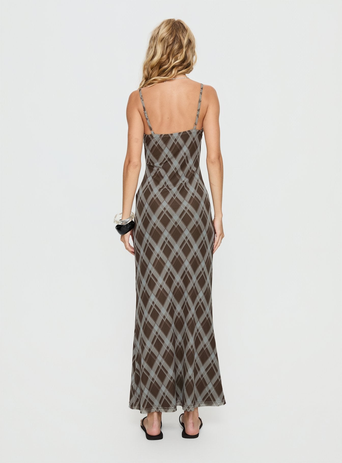 Idaline V Neck Maxi Dress Brown Check - Image 4