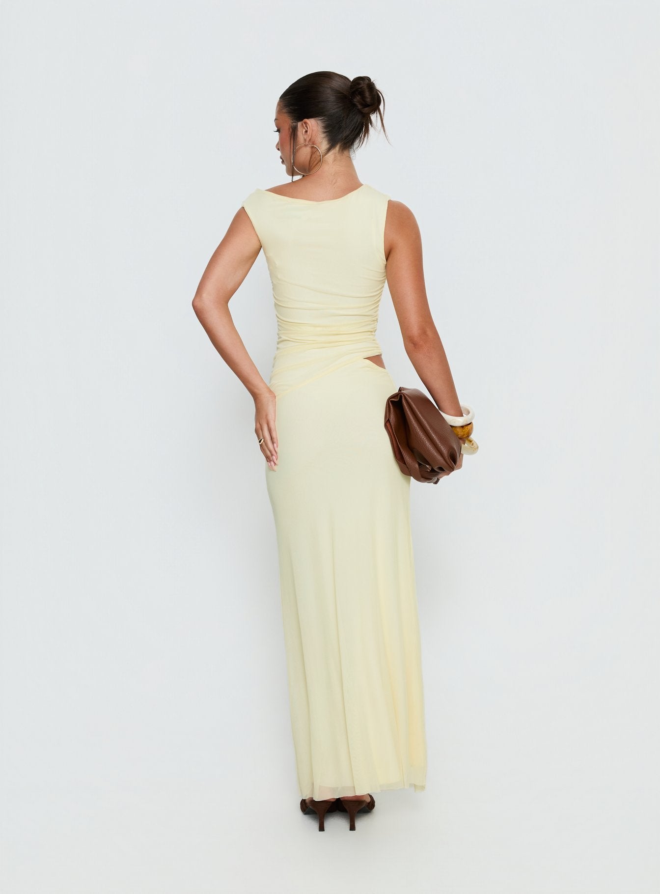 Krystyna Off Shoulder Ruched Mesh Maxi Dress Butter - Image 5