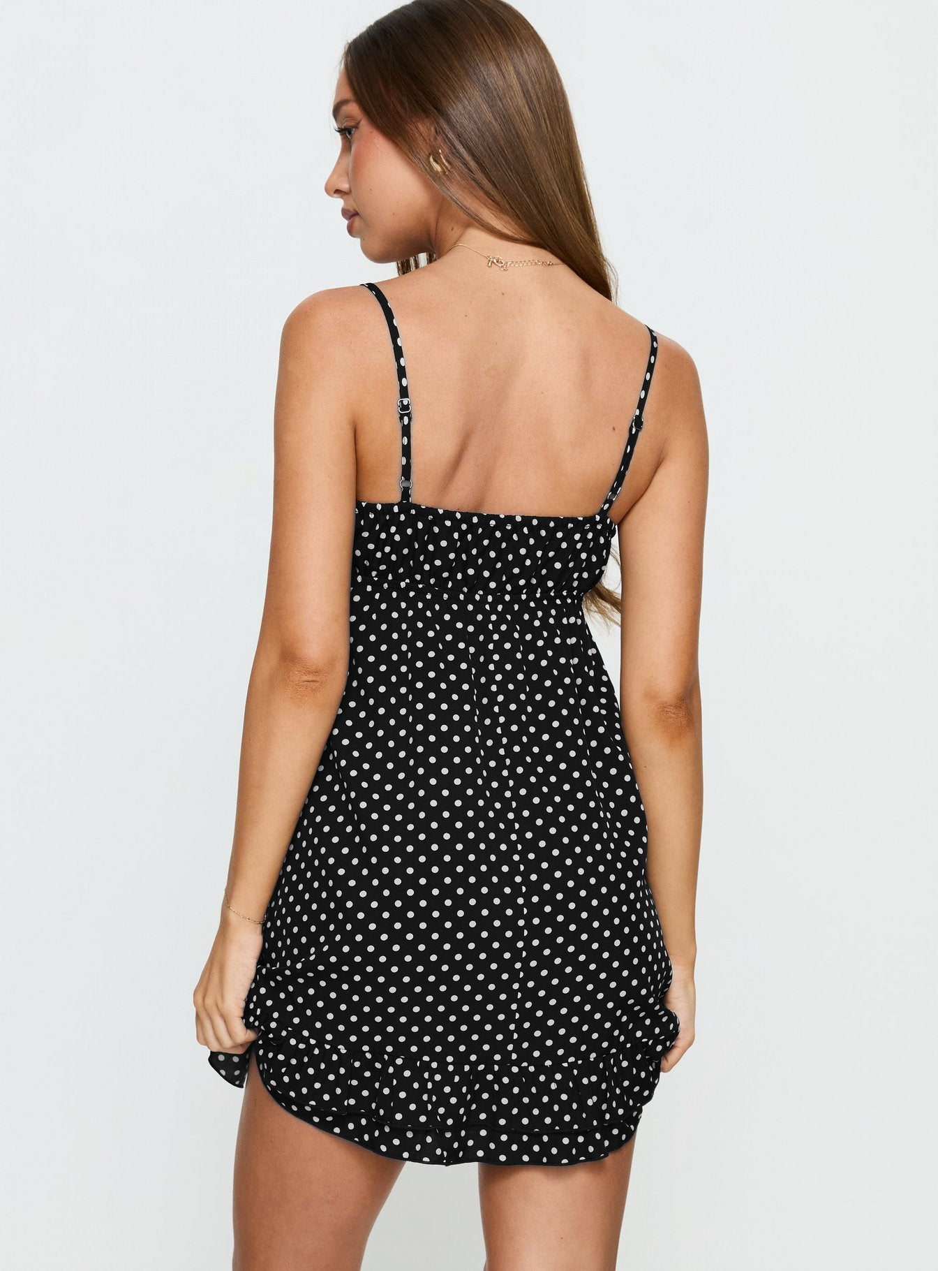Casee V Neck Frill Mini Dress Black Polka Dot - Image 5