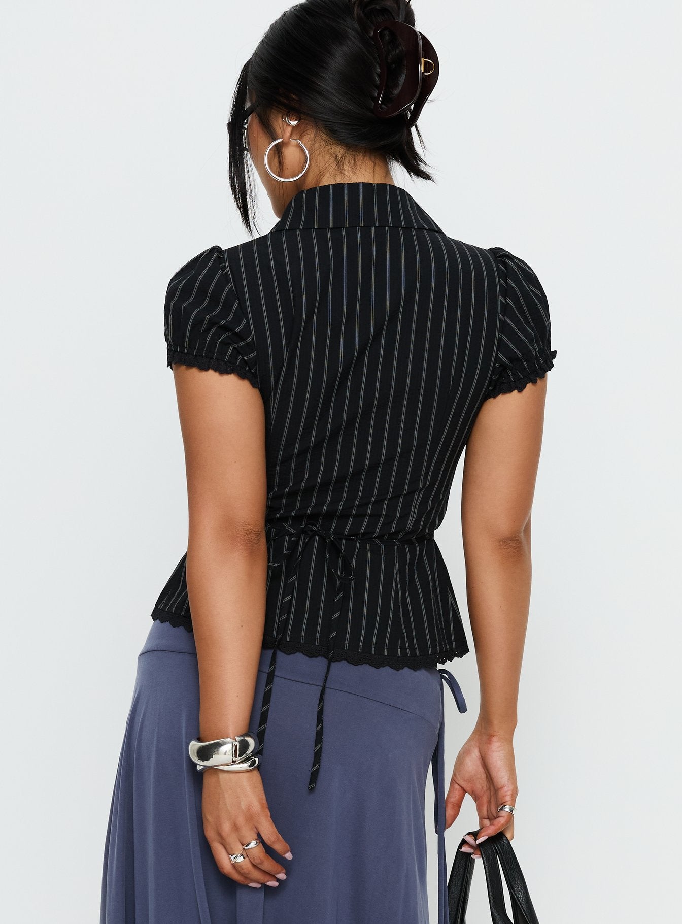 Deserve You Puff Sleeve Button Front Top Black Stripe - Image 5
