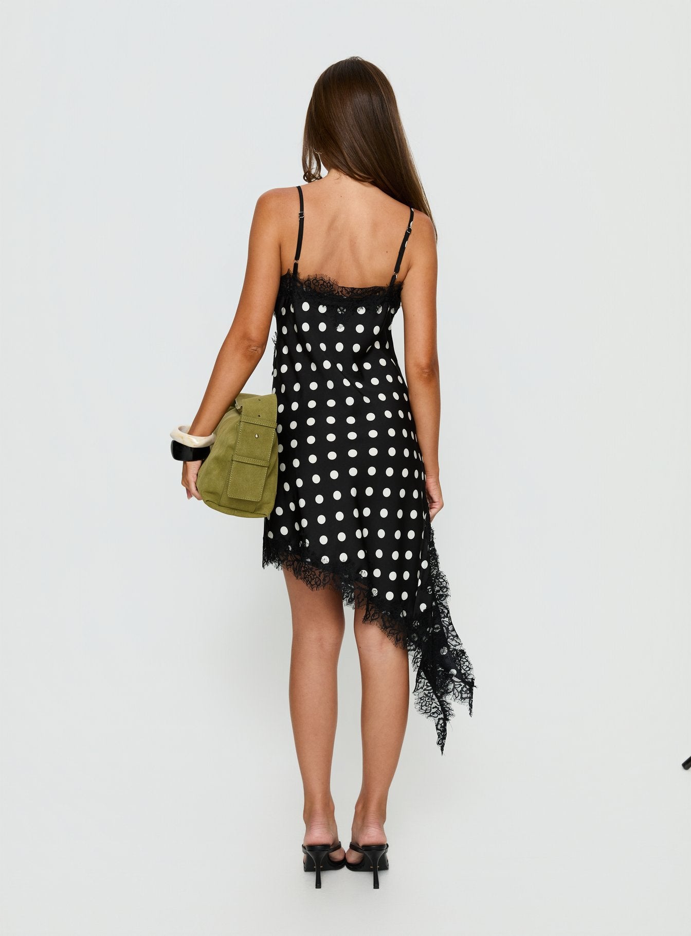 Afterdark Lace Asymmetrical Mini Dress Black Polka Dot - Image 5