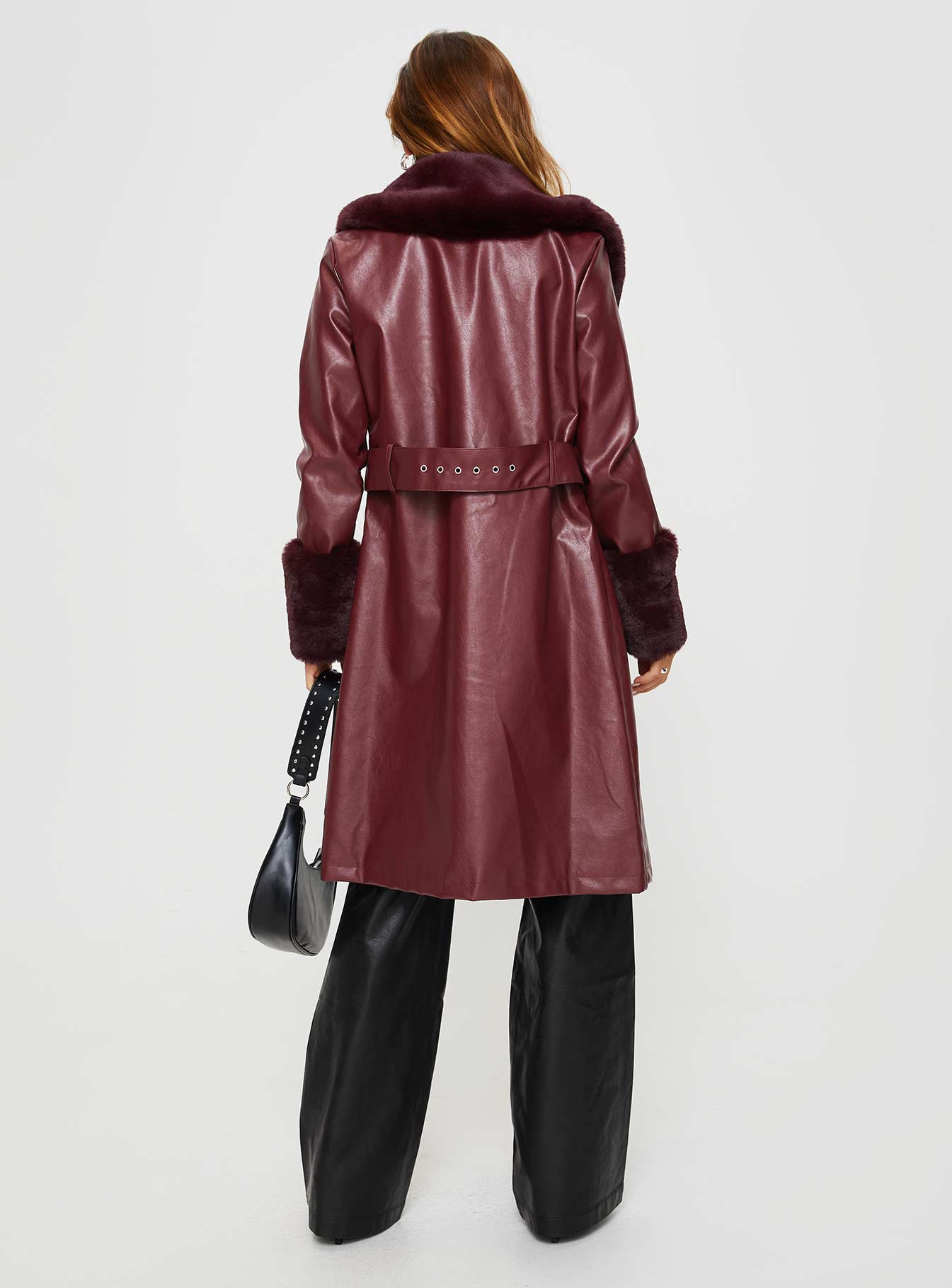 Brooklyn Faux Leather Longline Coat Burgundy - Image 4