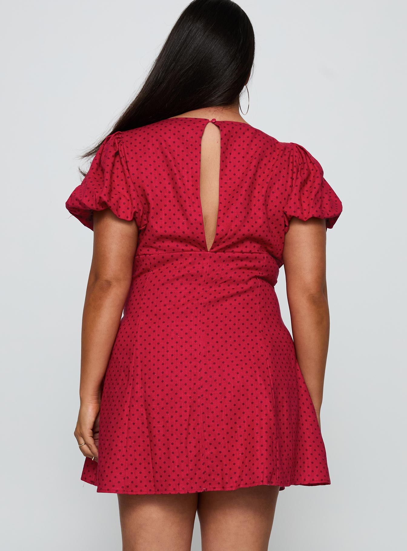 Beloved Puff Sleeve Linen Blend Mini Dress Red Polka Curve - Image 4
