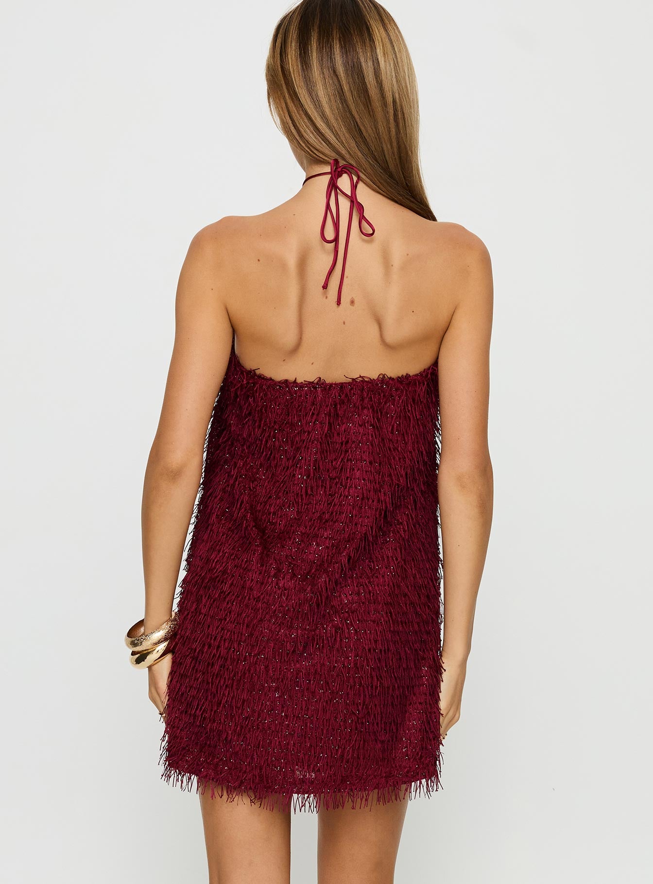 Koressa Halter Fringe Mini Dress Burgundy - Image 5