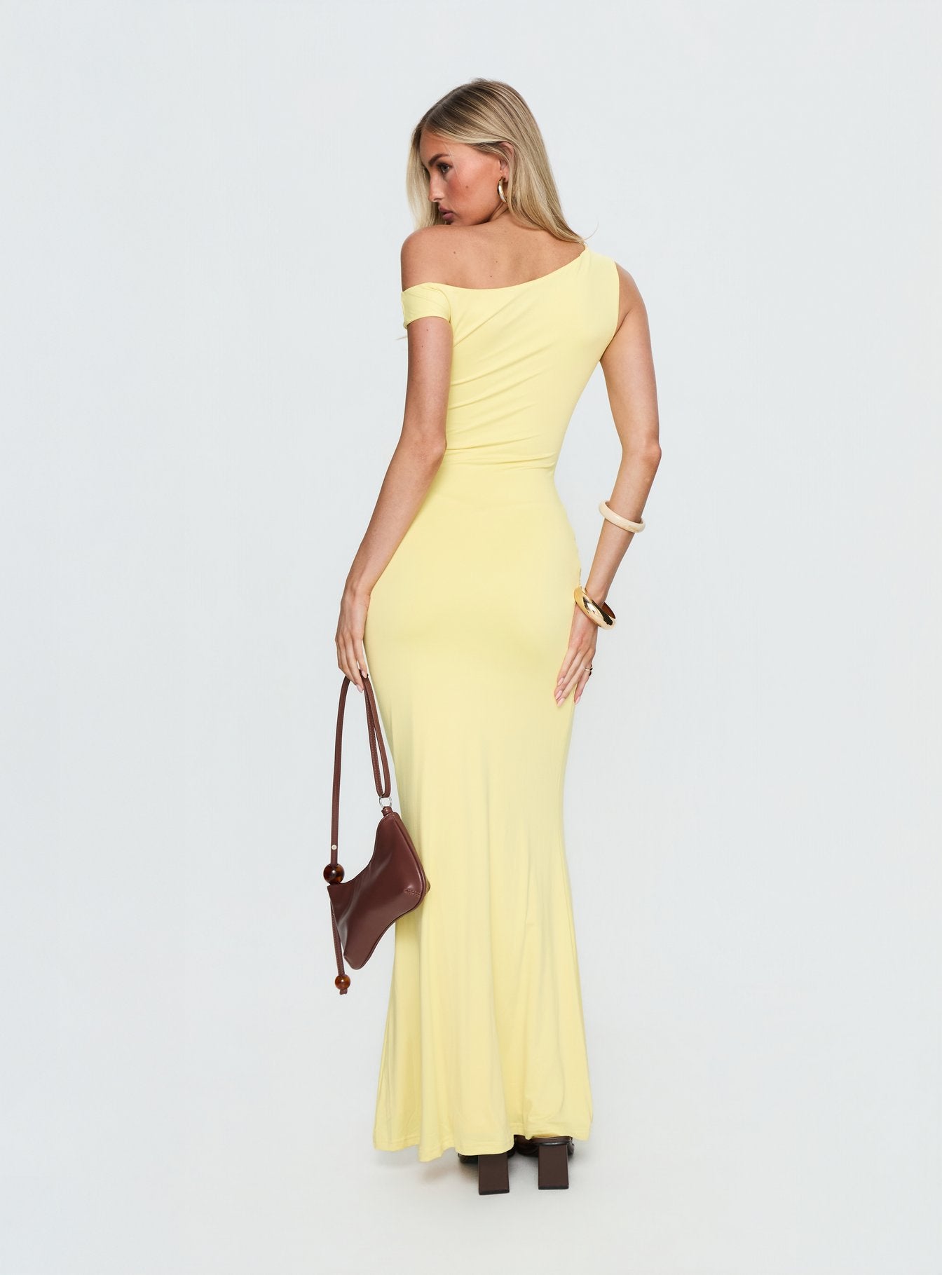 Get Lucky Drape One Shoulder Maxi Dress Lemon Yellow - Image 4