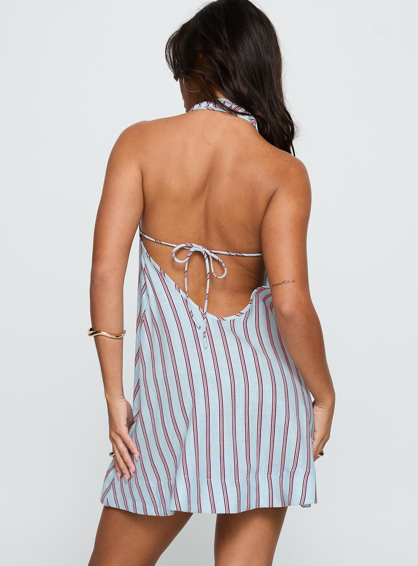 Daydreams Linen Blend Halter Mini Dress Blue / Maroon Stripe - Image 5