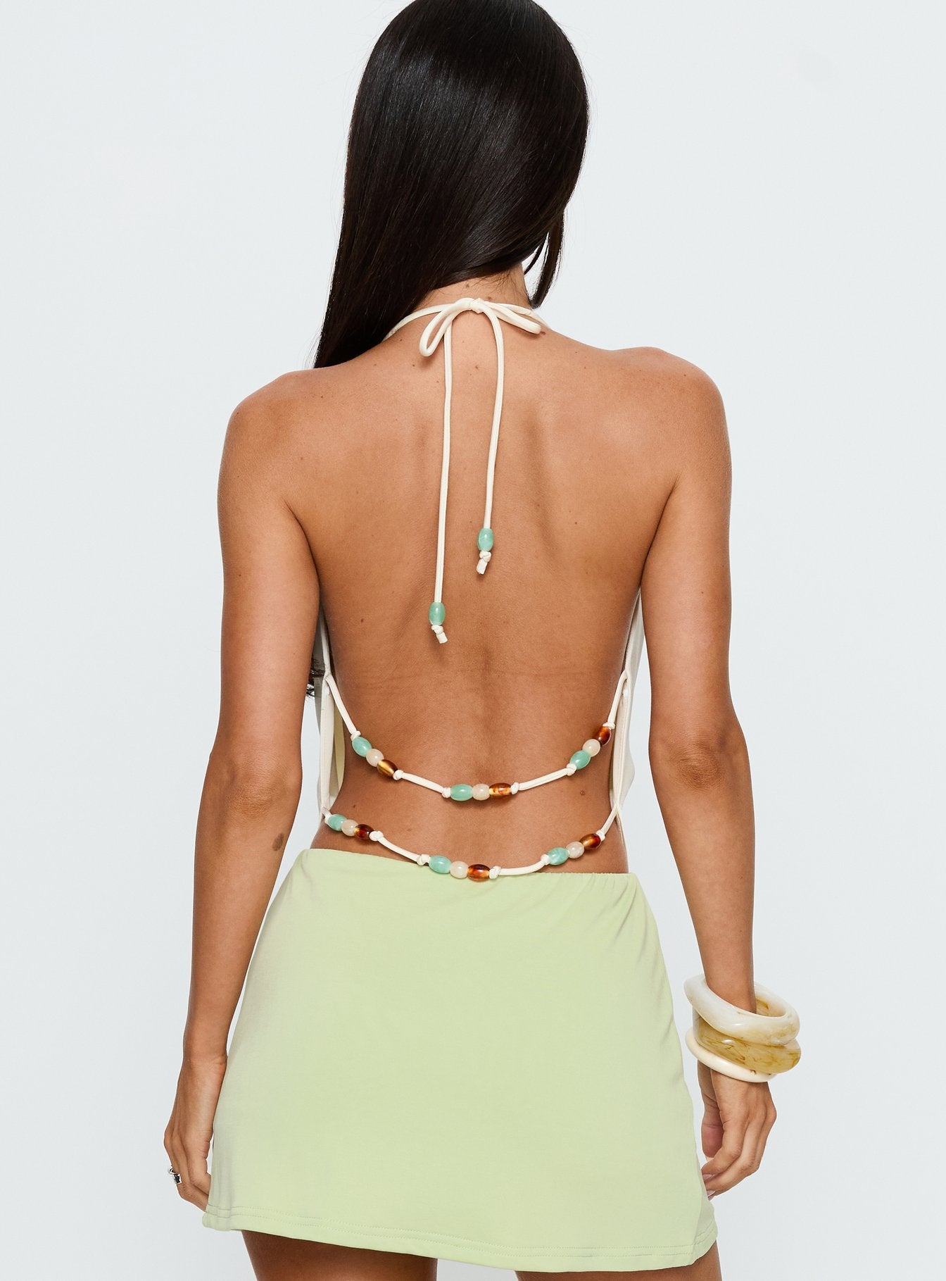 Kaivra Plunge Bead Detail Backless Top Cream - Image 5