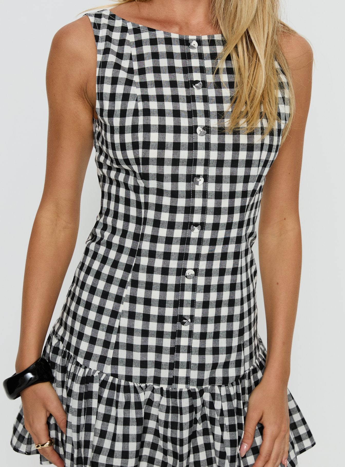 Kolbie Boat Neck Frill Mini Dress Black / White Check - Image 4