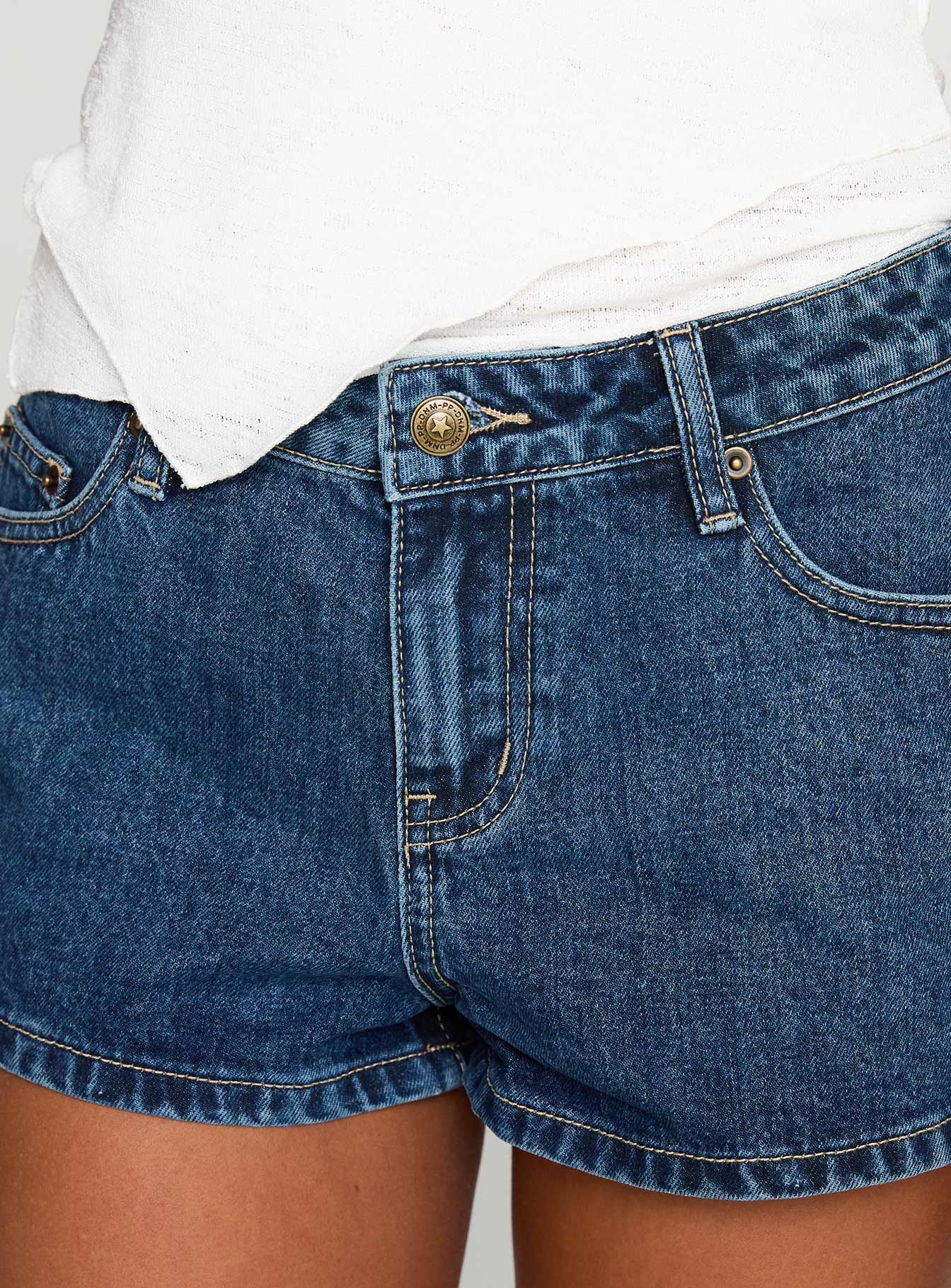 Dreamful Low Rise Mini Denim Shorts Dark Blue Wash - Image 6