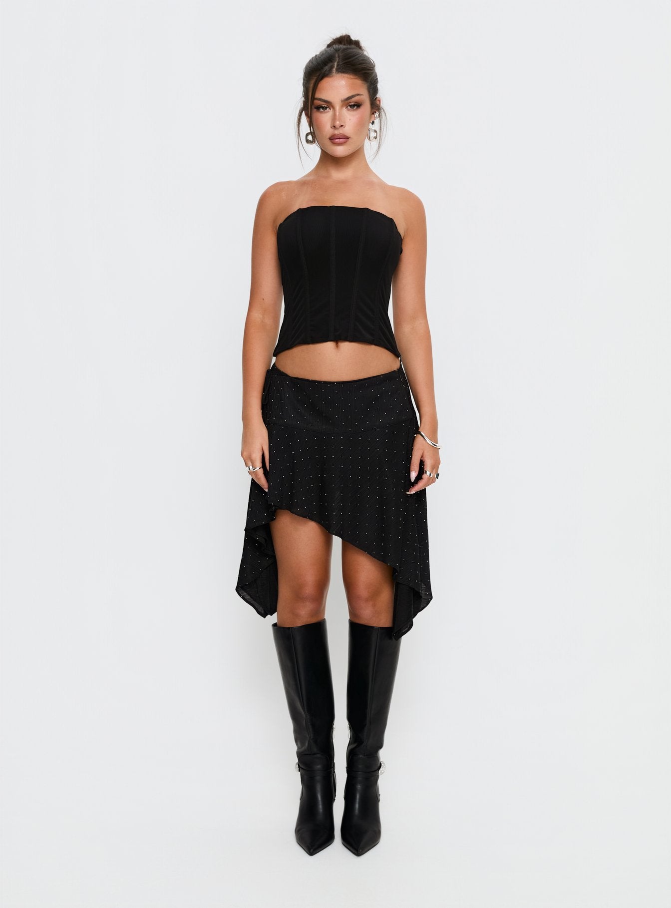 Hevenna Asymmetrical Plisse Mini Skirt Black Diamante - Image 7