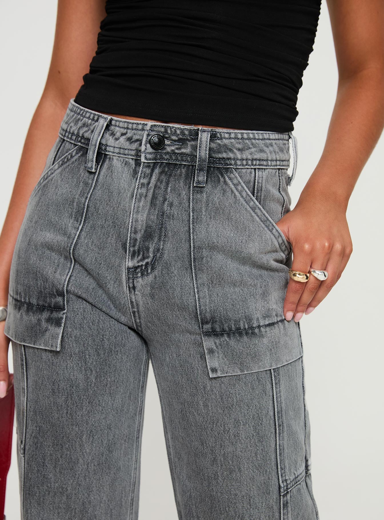 Chad High Rise Flared Cargo Jeans Washed Grey - Image 6