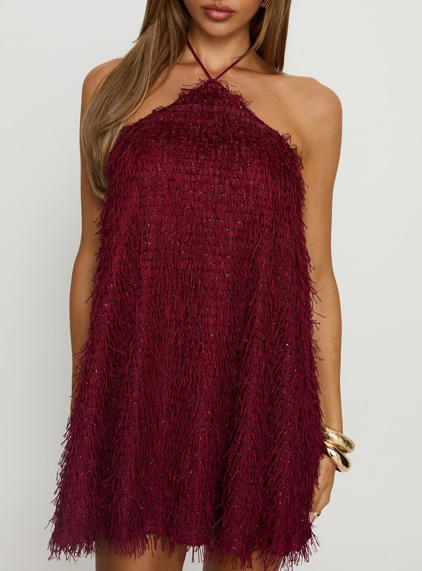 Koressa Halter Fringe Mini Dress Burgundy - Image 6
