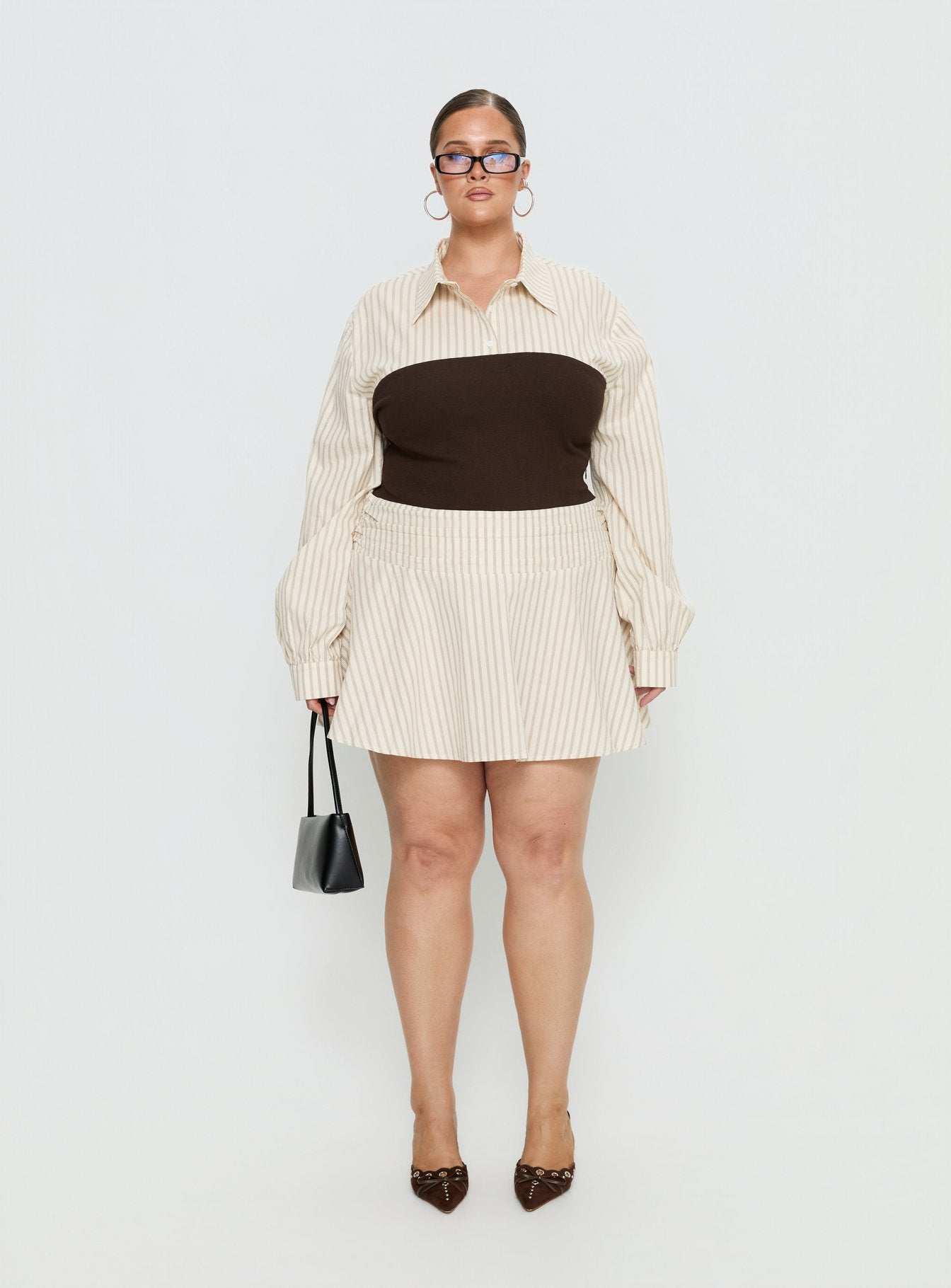 Belva Long Sleeve Corset Shirt Mini Dress Brown Stripe Curve - Image 7