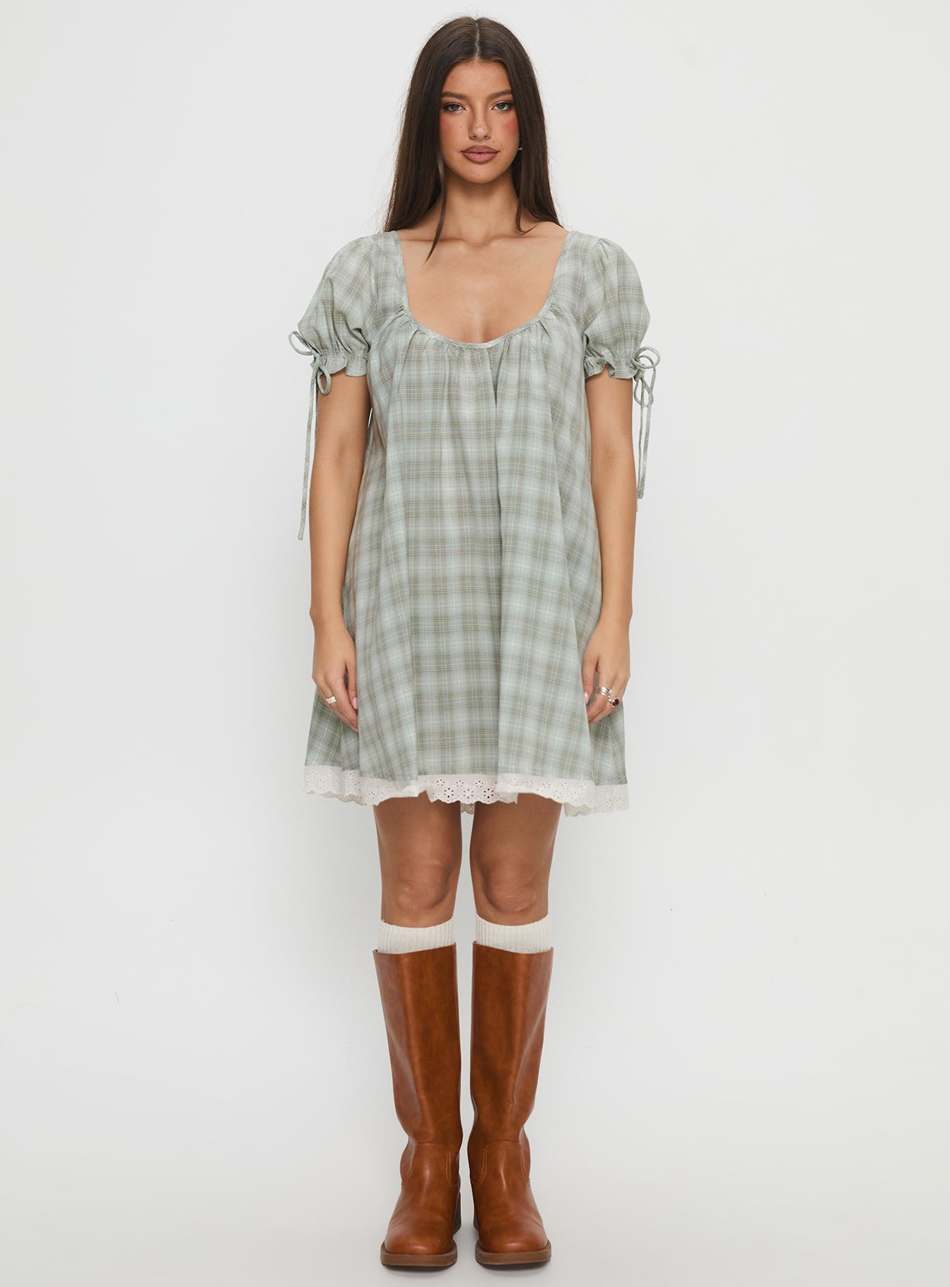 Embracing Puff Sleeve Swing Mini Dress Blue Check - Image 7