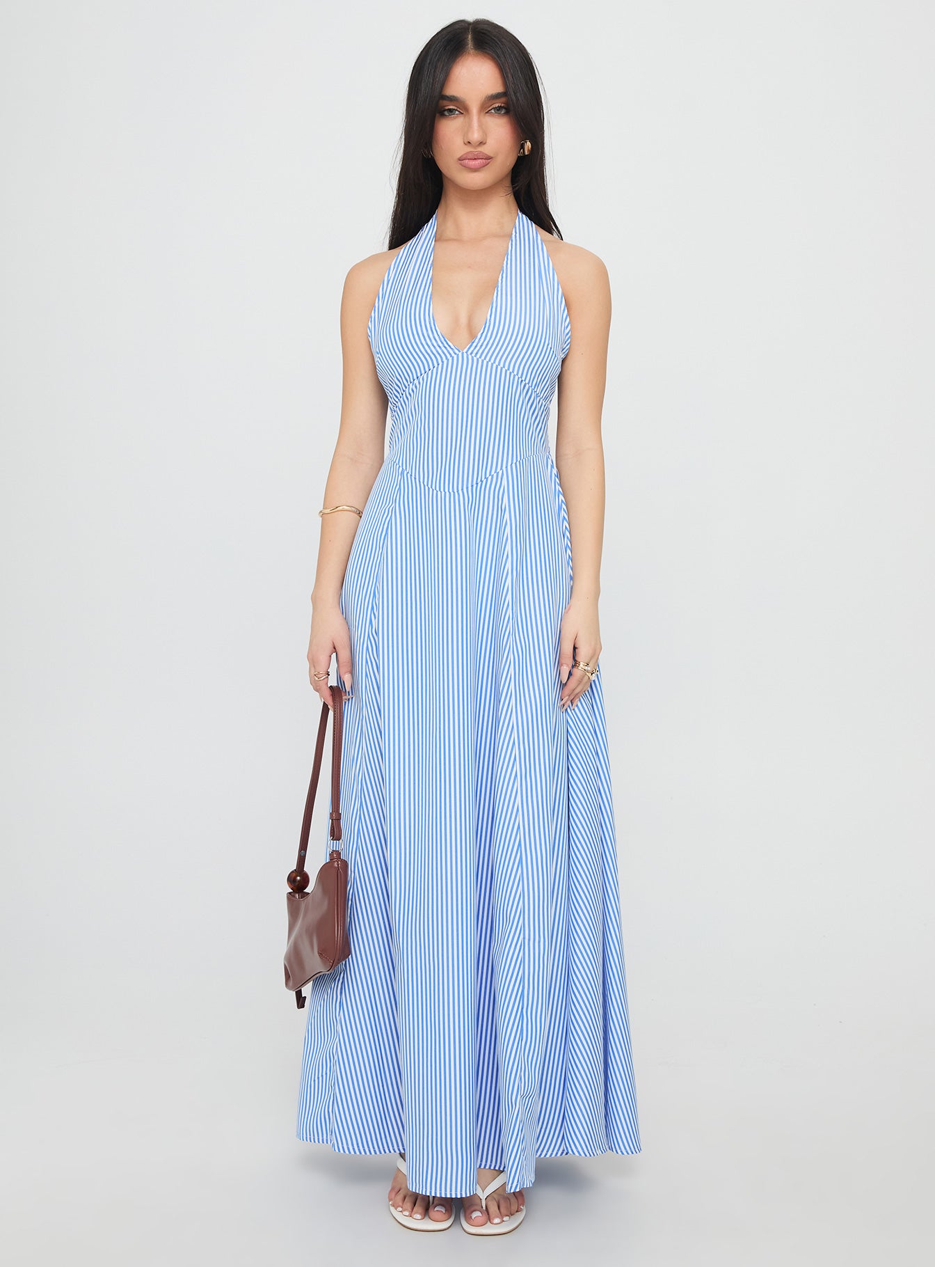 Ivie Halter Plunge Maxi Dress Blue Stripe - Image 6