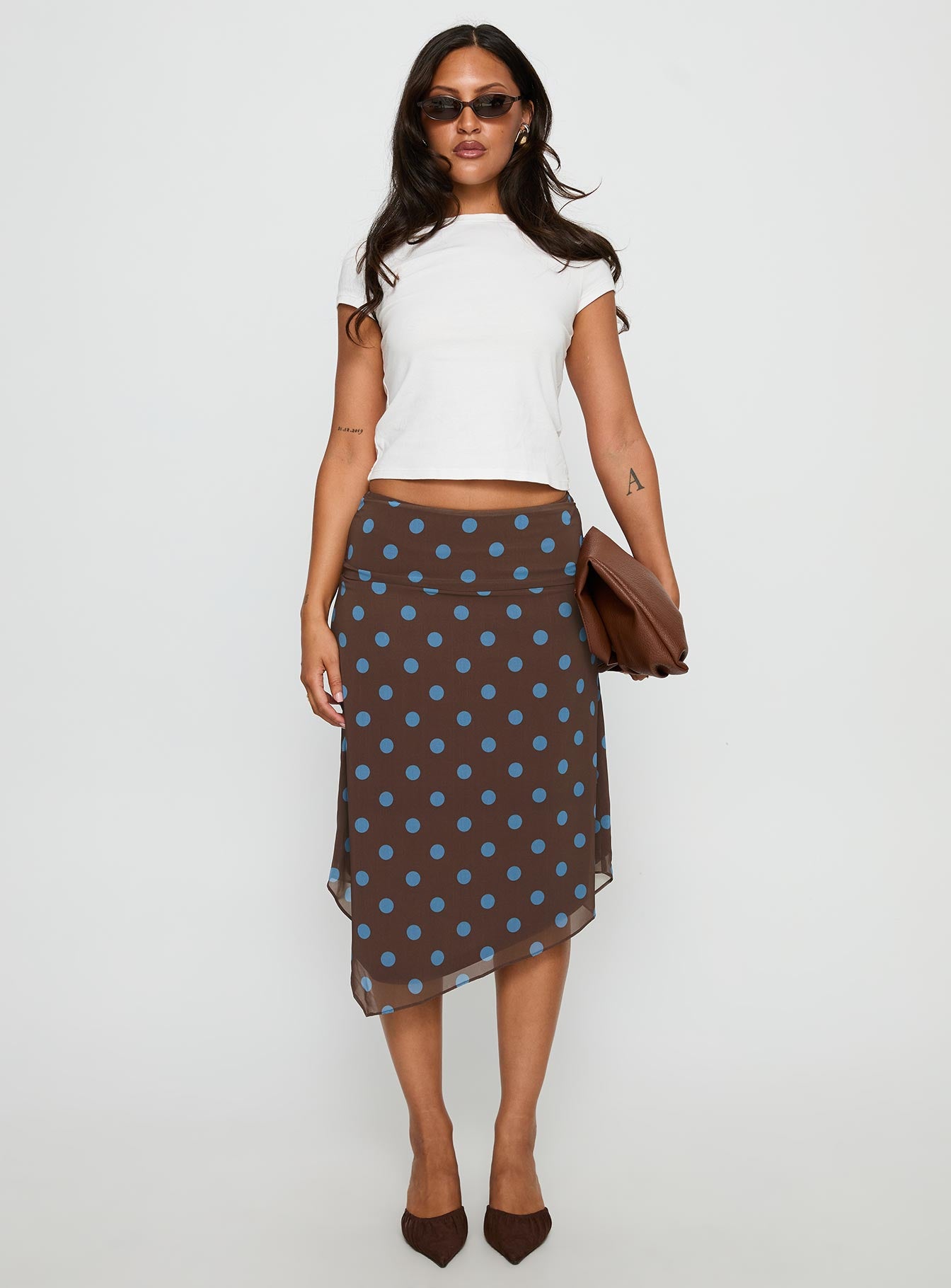 Daphene Asymmetrical Midi Skirt Brown / Blue Polka Dot - Image 7