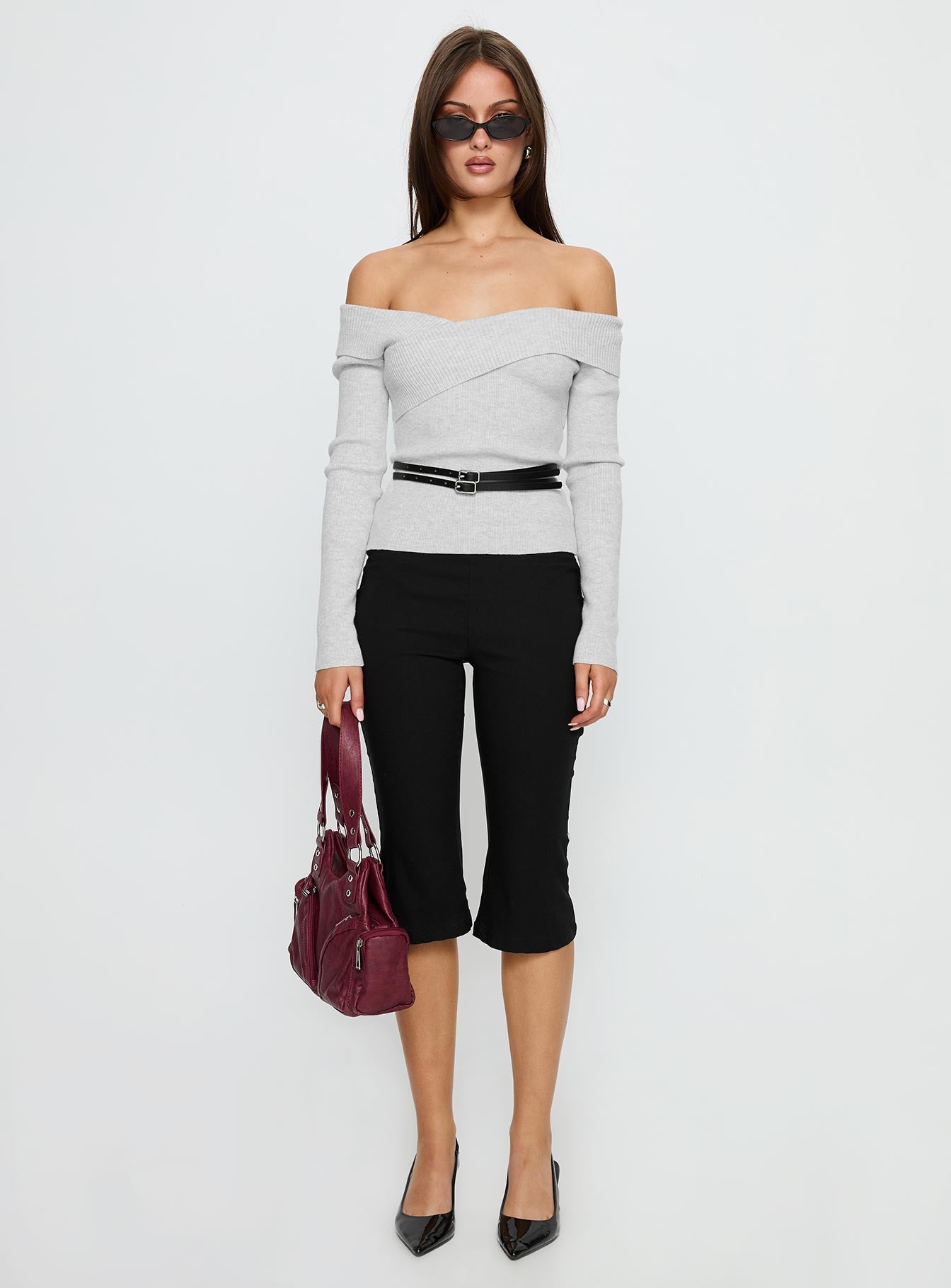 Ellenore Belt Detail Off Shoulder Top Grey - Image 7