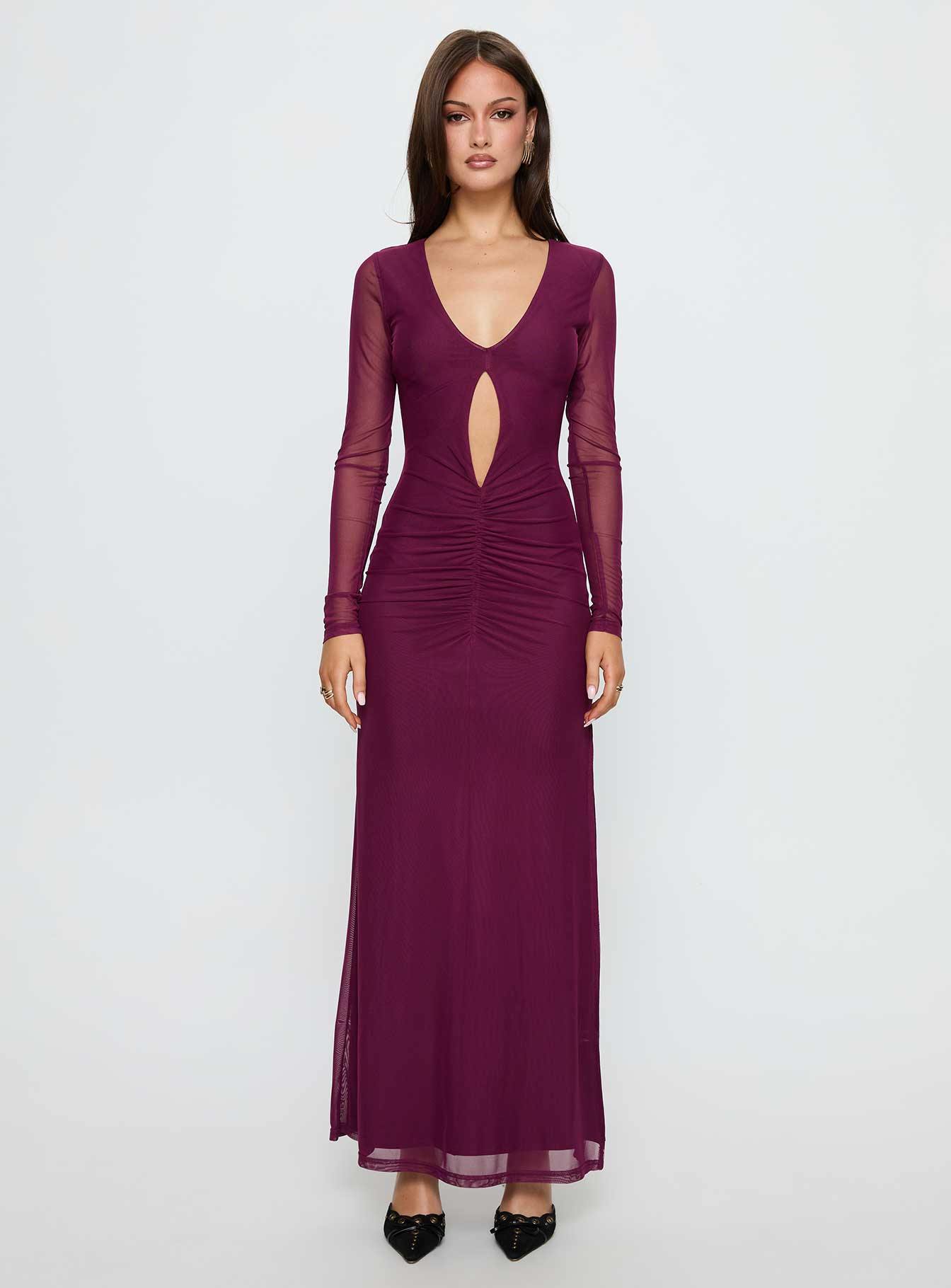 Darkside Long Sleeve Cut Out Plunge Maxi Dress Plum - Image 6