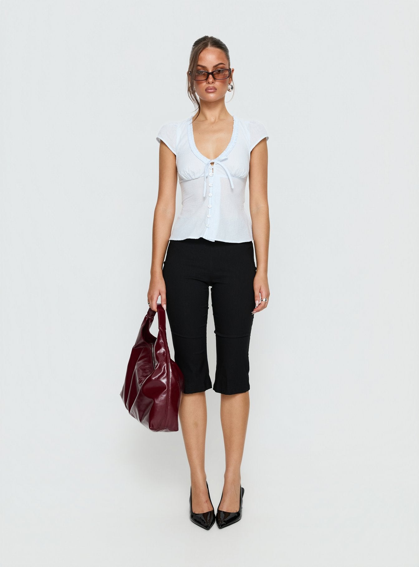 Kalysa Ruffle Short Sleeve Blouse Top Blue Stripe - Image 7