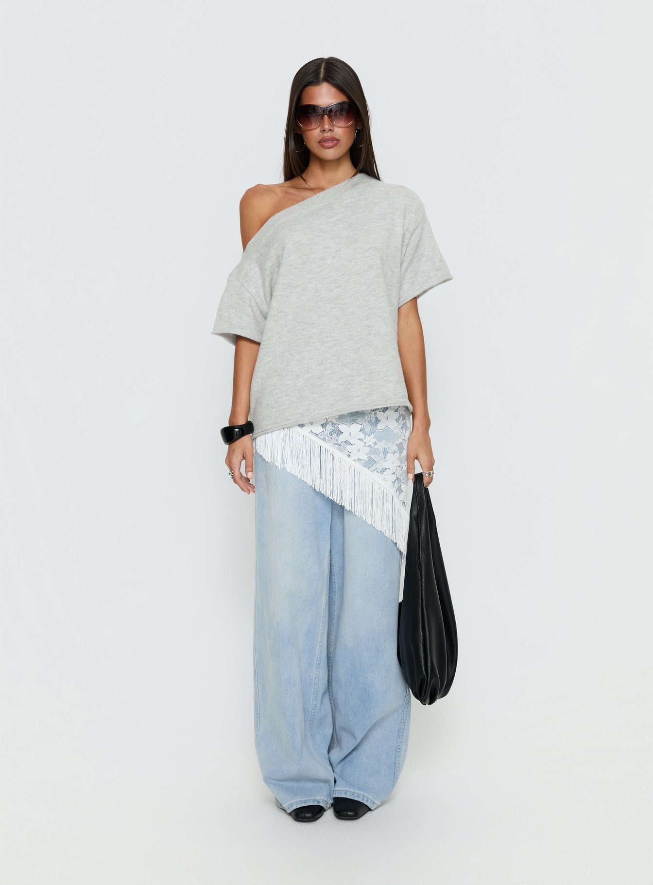 Kourta Off Shoulder Oversized Knit Top Grey Marle - Image 7