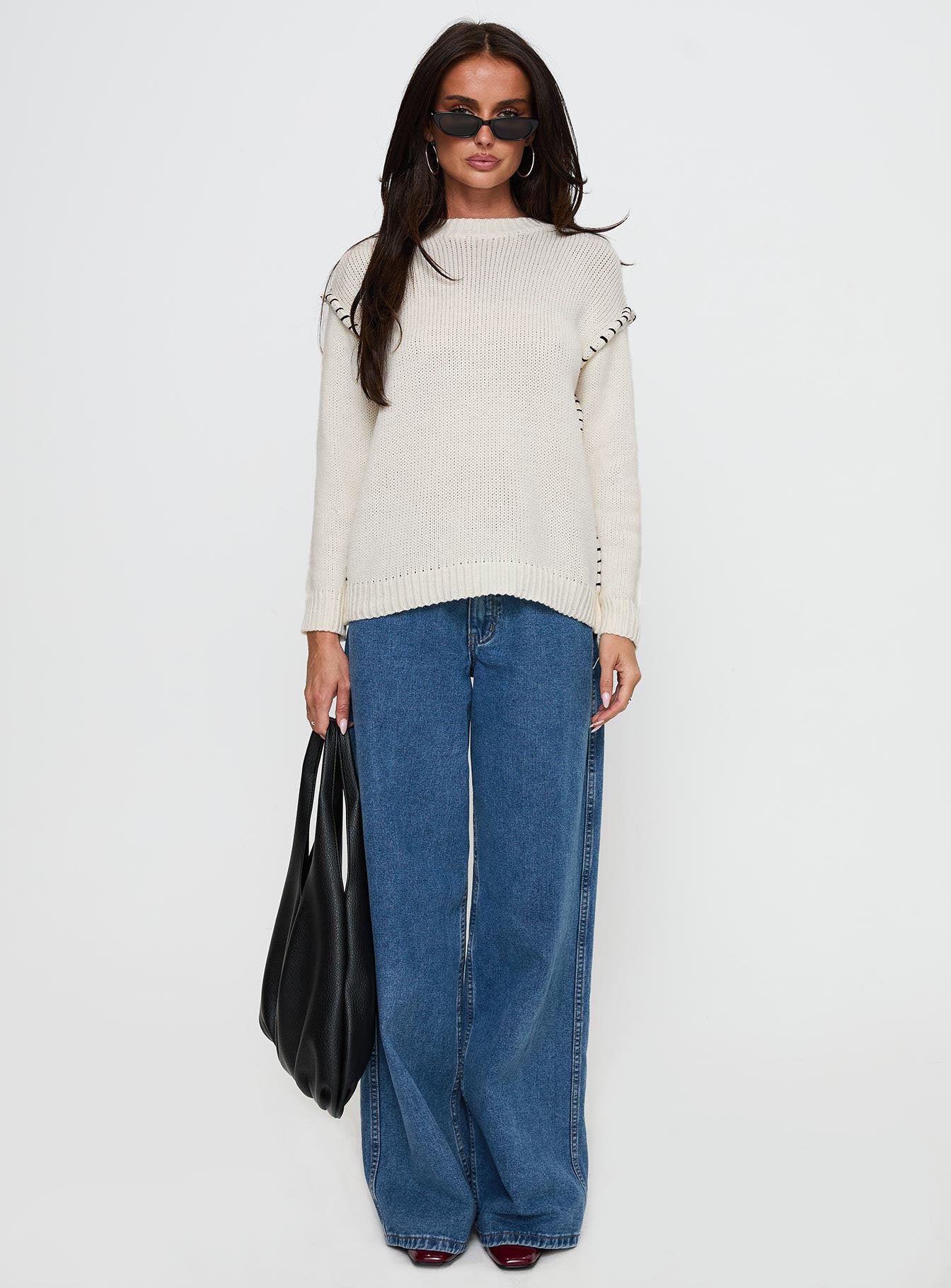Change The Weather Contrast Stitch Knit Sweater Cream - Image 6