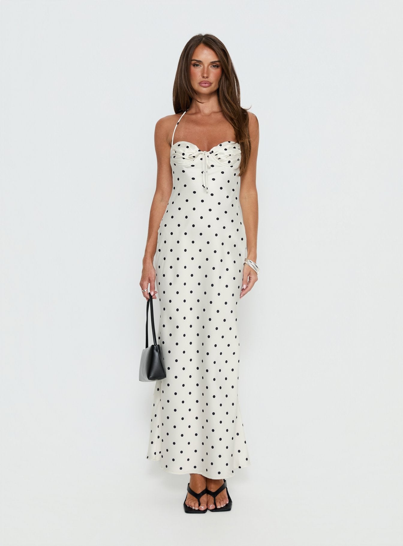 Costella Halter Satin Maxi Dress Cream Polka Dot - Image 7