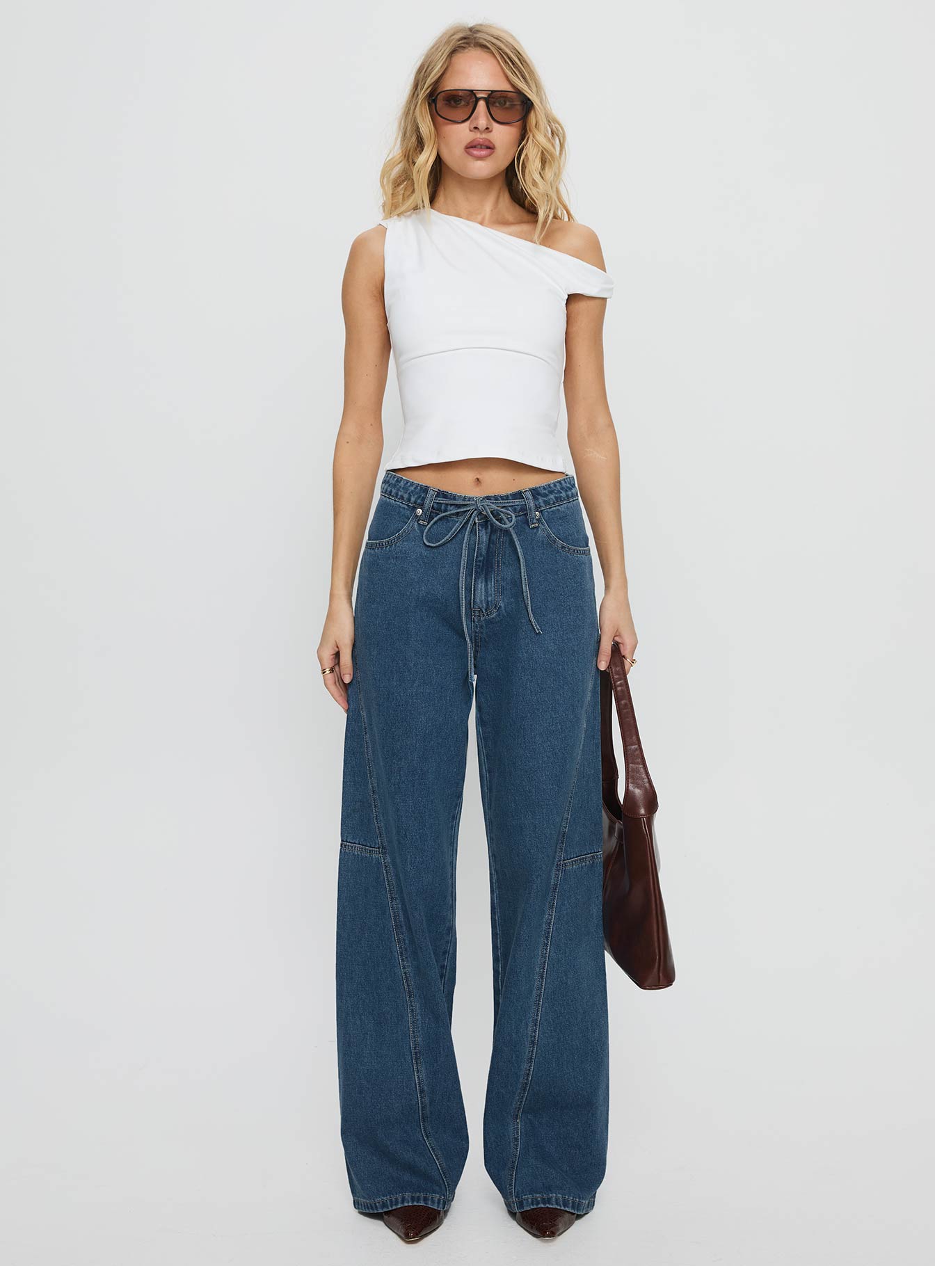 Bruiser Tie Waist Mid Rise Wide Leg Jeans Mid Blue Wash - Image 7