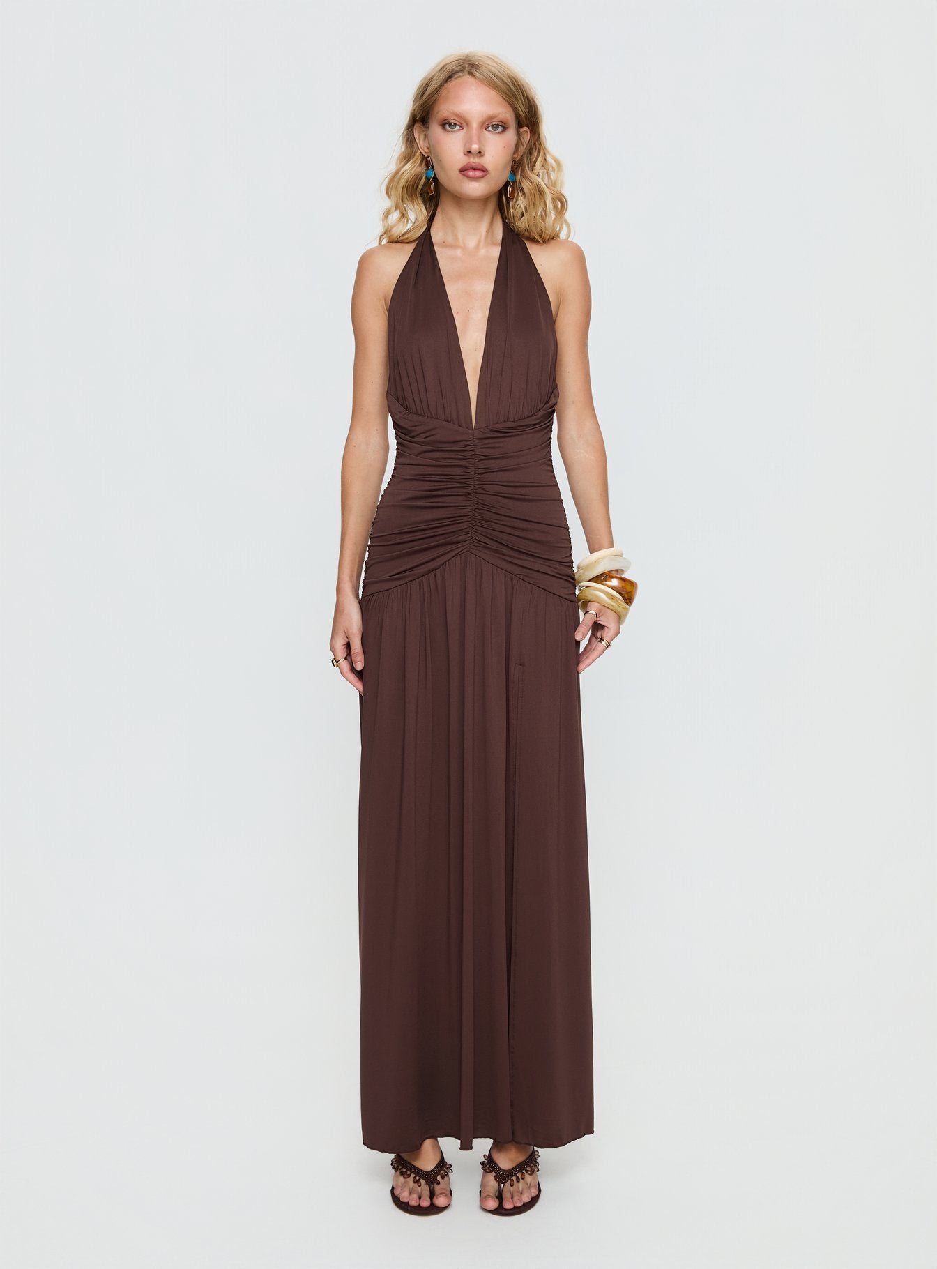 Diona Halter Ruched Maxi Dress Brown - Image 6