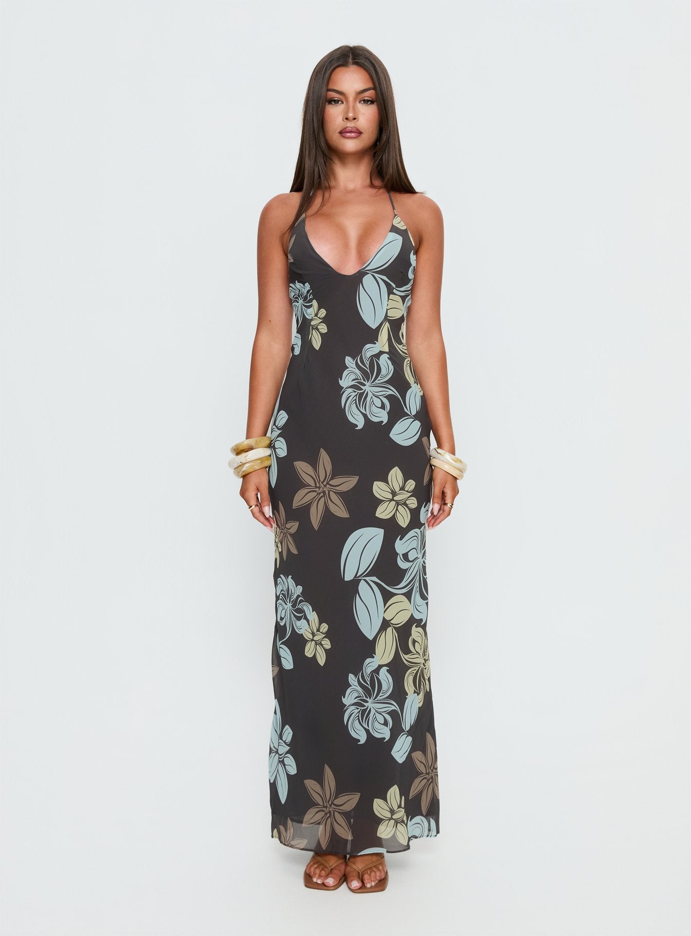 Esmira Halter Maxi Dress Chocolate / Blue Floral - Image 6