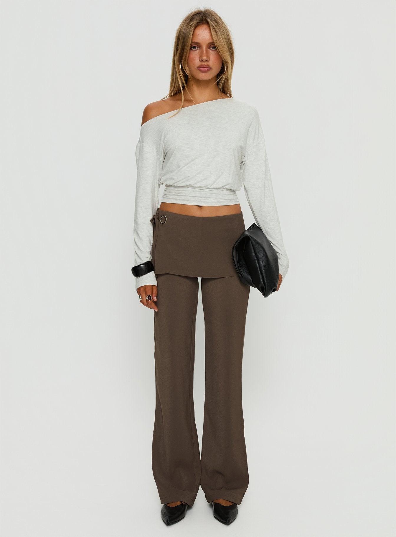 Ashlinn Off Shoulder Long Sleeve Drapey Top Grey Marle - Image 7