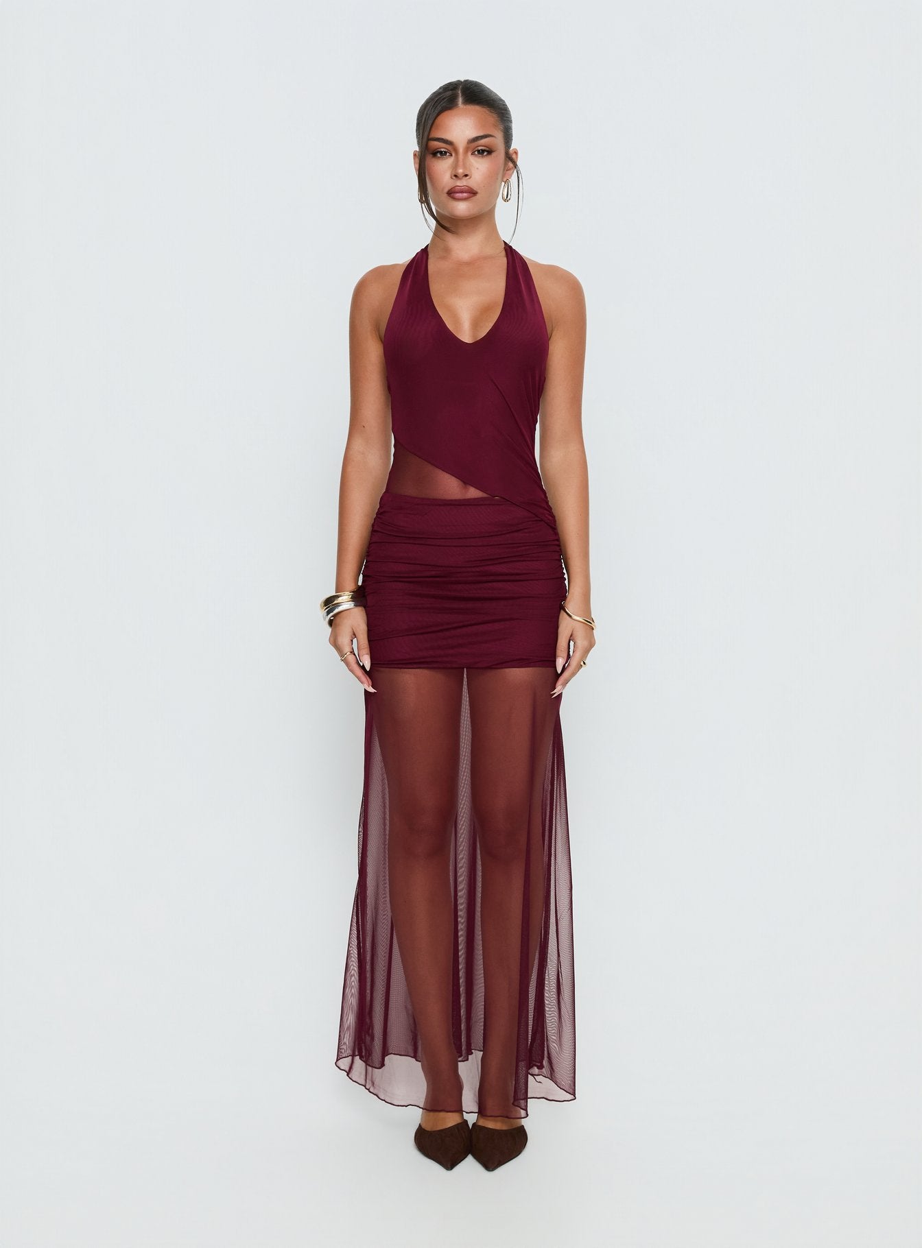 Desta Halter Sheer Maxi Dress Burgundy - Image 7