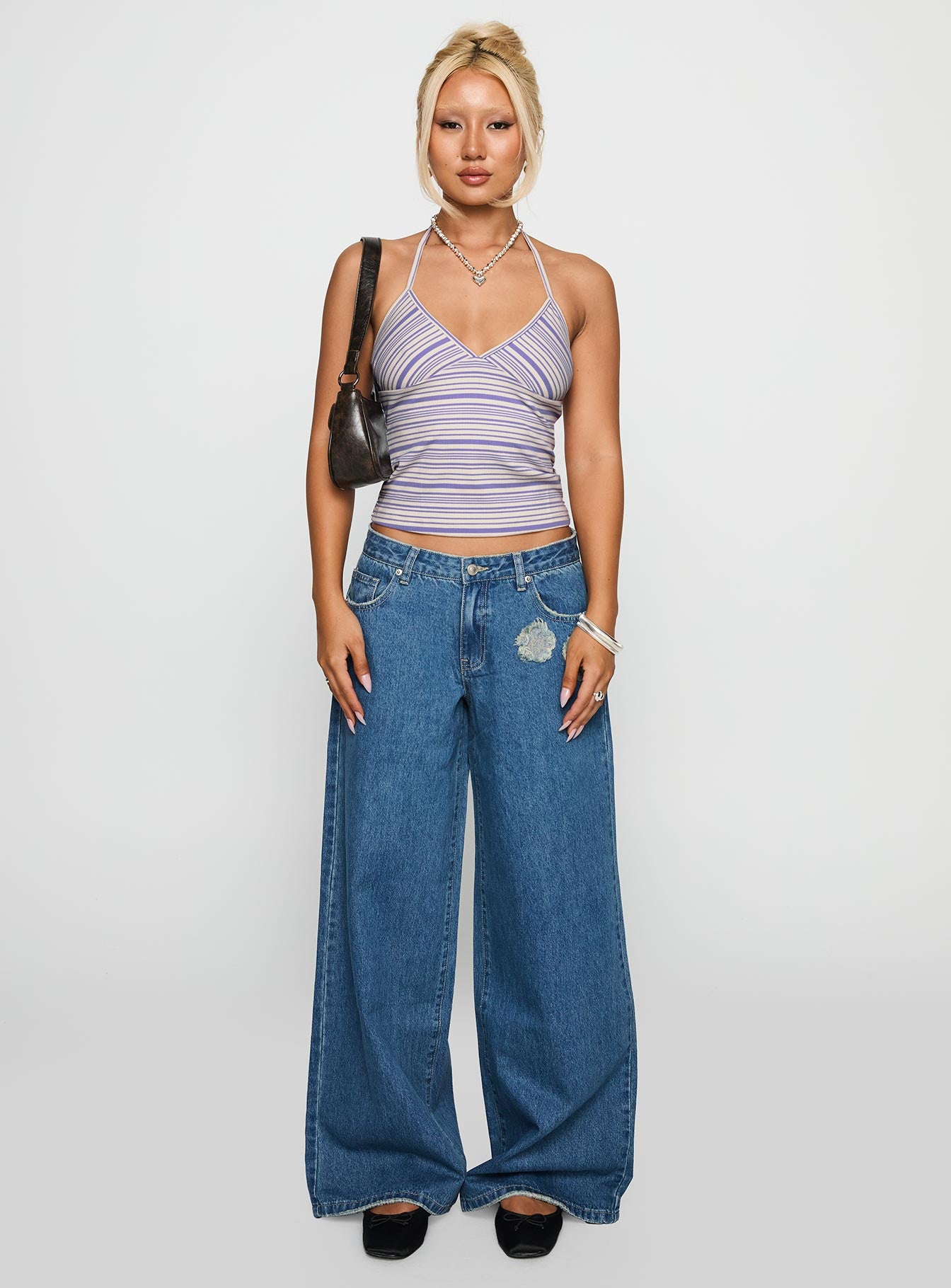 A Keeper Flower Patch Low Rise Wide Leg Jeans Mid Blue - Image 7
