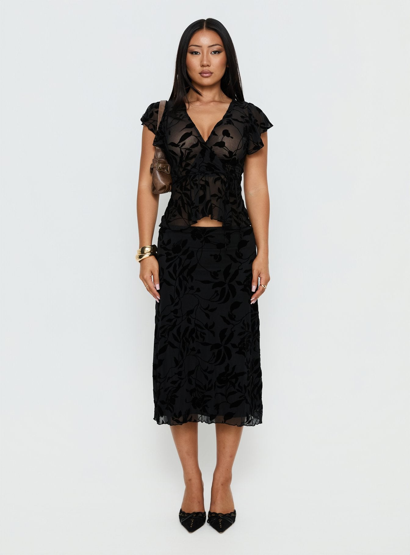 Atira Midi Skirt Leaf Flower Black - Image 6