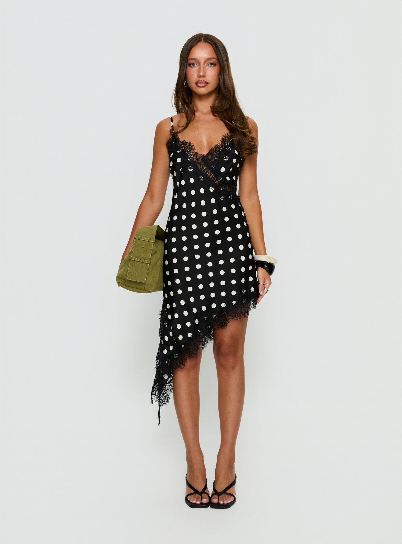 Afterdark Lace Asymmetrical Mini Dress Black Polka Dot - Image 7