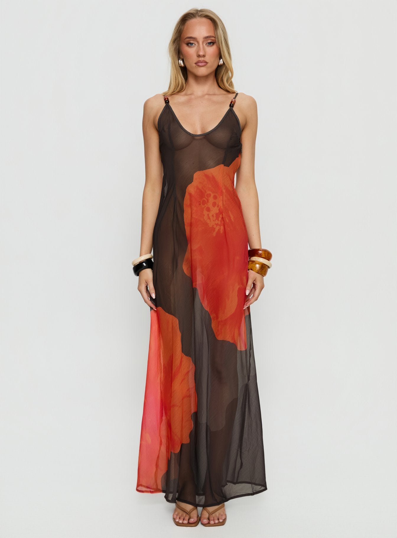 Carita Sheer Chiffon Maxi Dress Brown / Orange Floral - Image 7