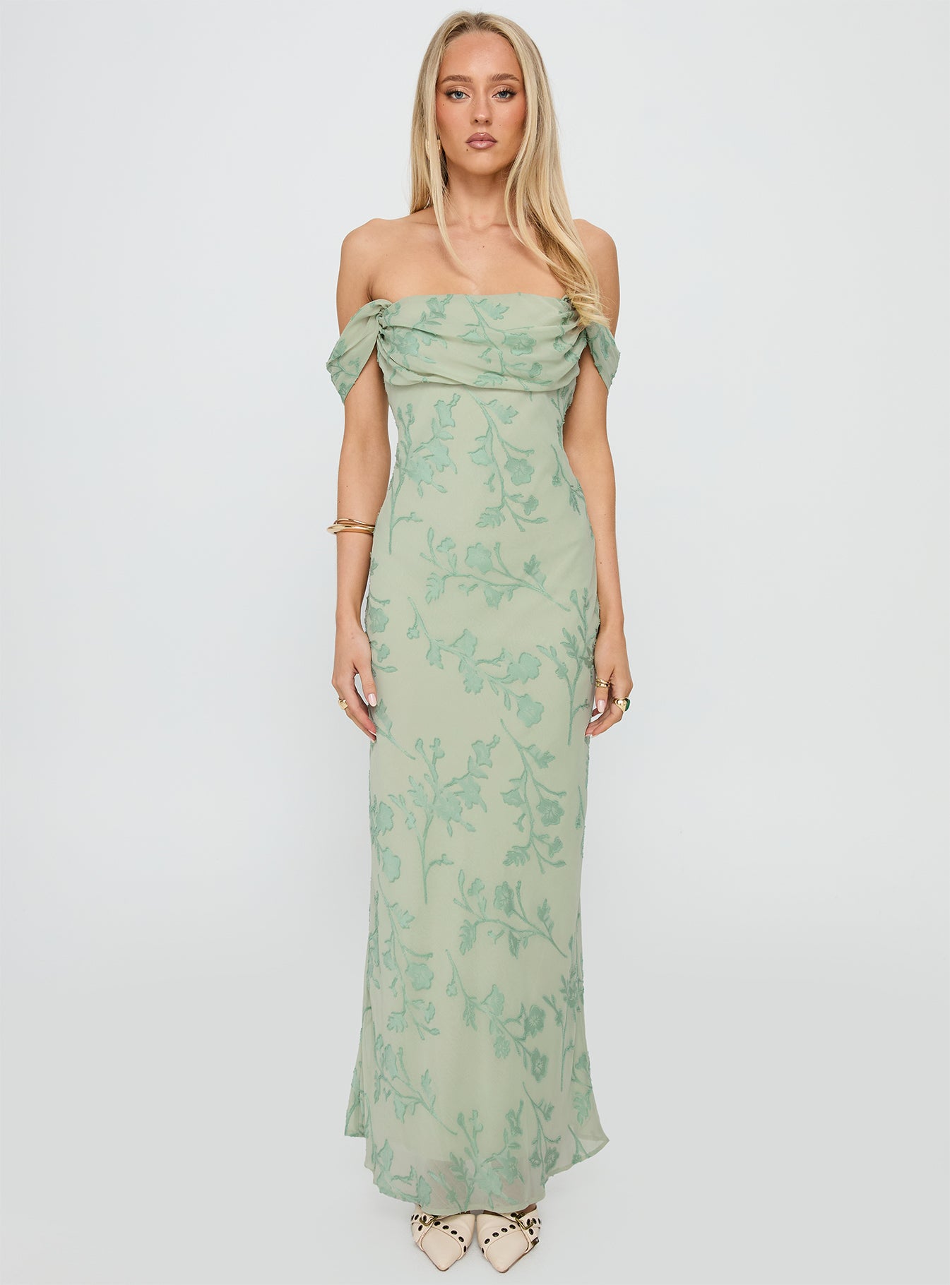 Azura Off The Shoulder Maxi Dress Green Burnout - Image 7