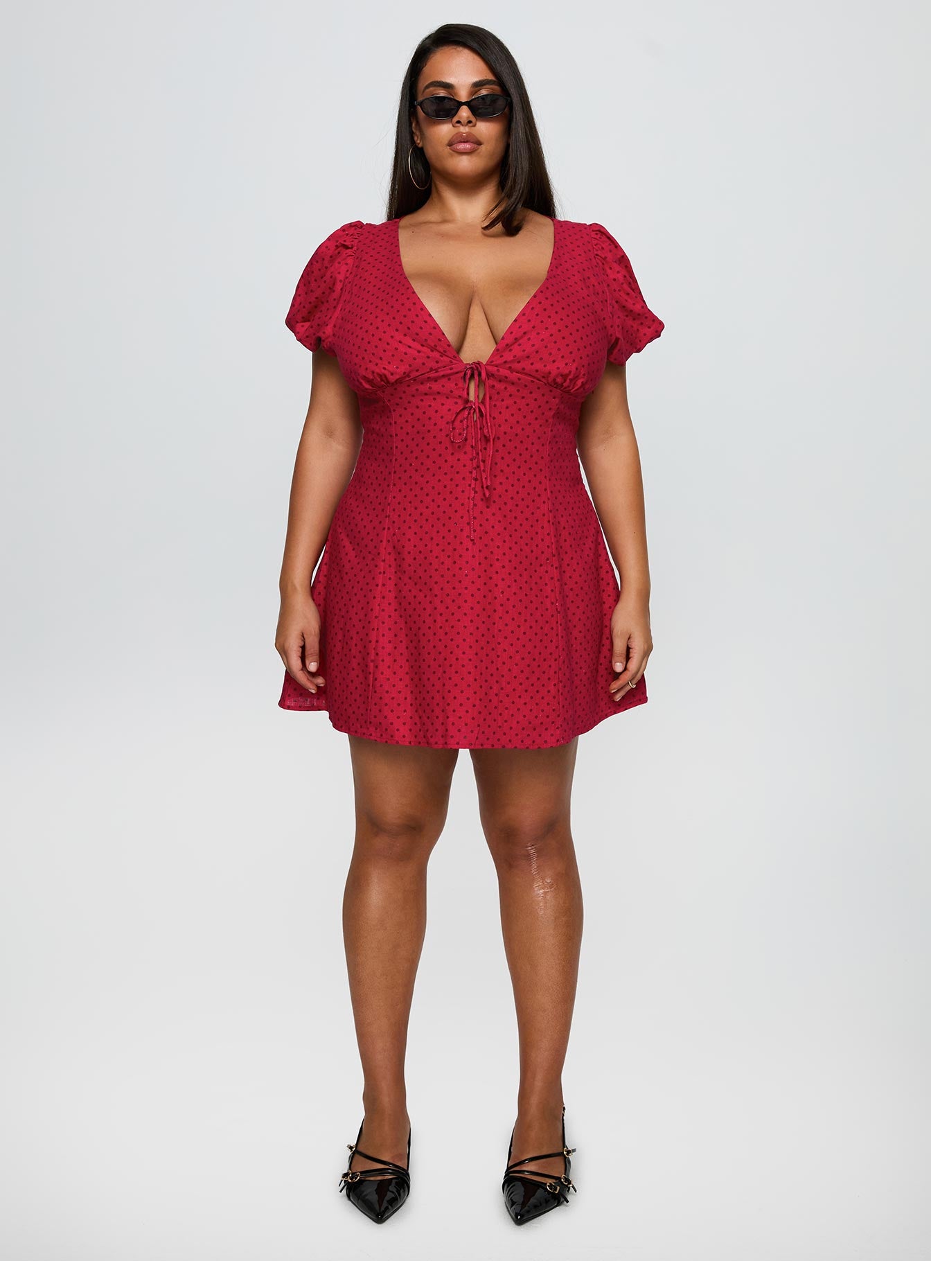 Beloved Puff Sleeve Linen Blend Mini Dress Red Polka Curve - Image 6