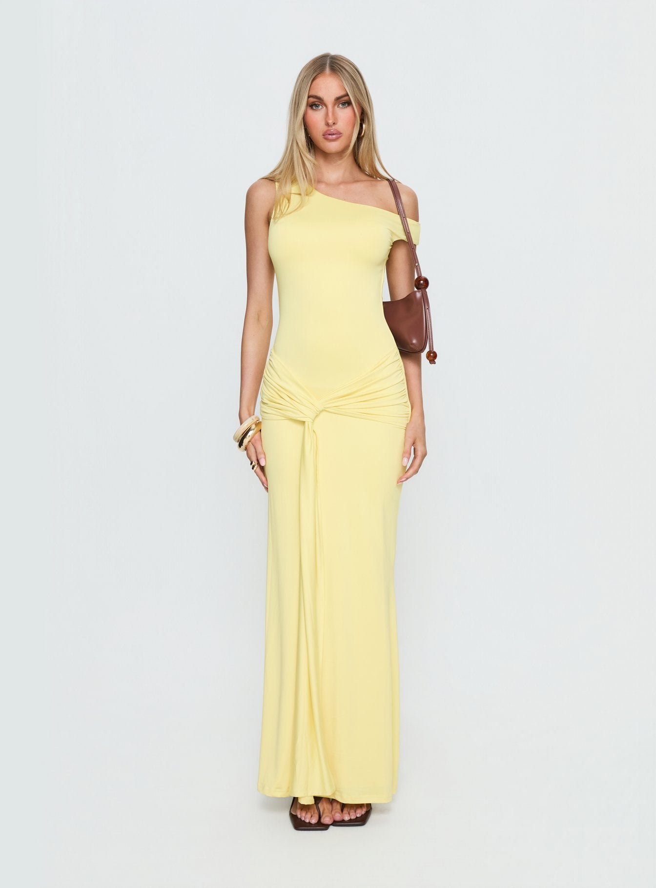 Get Lucky Drape One Shoulder Maxi Dress Lemon Yellow - Image 6